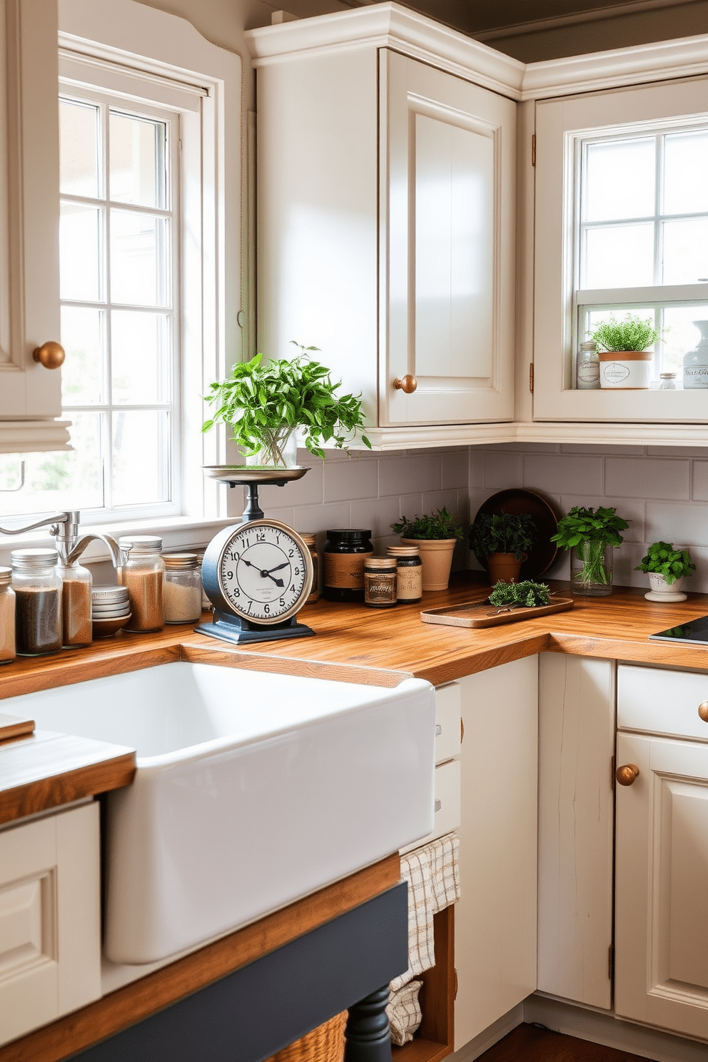 A charming vintage kitchen featuring an old-fashioned scale as a focal decor piece. The scale sits on a rustic wooden countertop surrounded by jars of spices and fresh herbs, adding a touch of nostalgia to the space. The cabinetry is painted in a soft pastel color, complemented by brass hardware that enhances the vintage aesthetic. A farmhouse sink with an apron front is positioned beneath a window, allowing natural light to illuminate the room.