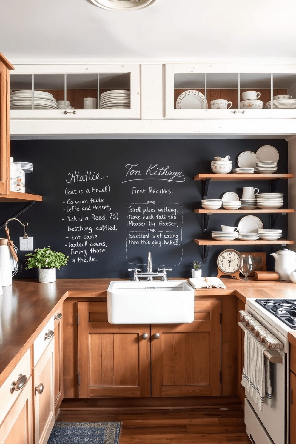 A vintage kitchen design features a chalkboard wall that serves as a functional space for notes and recipes. The kitchen is adorned with rustic wooden cabinets, a farmhouse sink, and open shelving displaying vintage dishware.