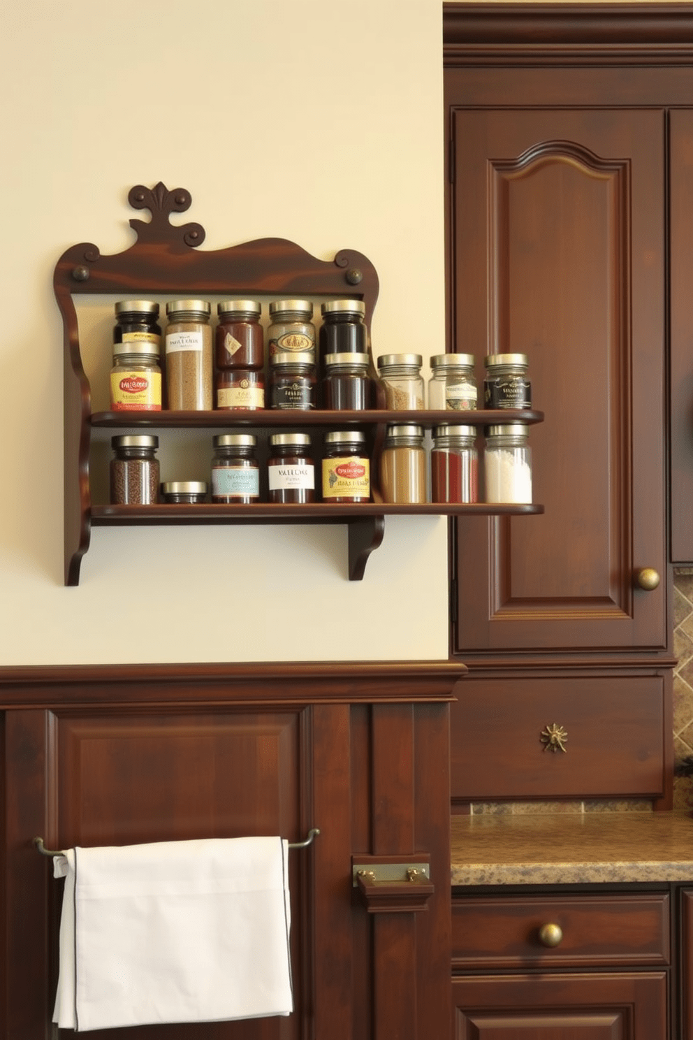 An antique spice rack made of dark wood is mounted on the wall, showcasing a collection of colorful glass spice jars. The kitchen features vintage-inspired cabinetry with intricate moldings, complemented by a farmhouse sink and brass hardware.