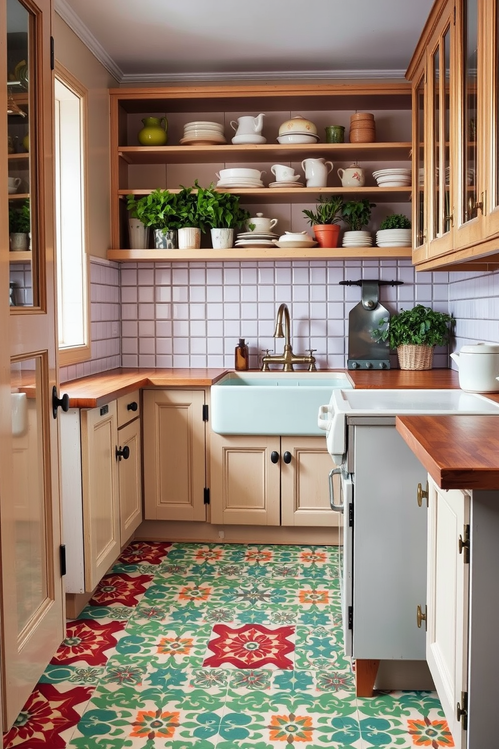 A vintage kitchen setting featuring retro tile designs on the floor. The tiles showcase intricate patterns in vibrant colors, creating a lively atmosphere that complements the classic cabinetry. The kitchen includes a farmhouse sink with a polished brass faucet and wooden countertops. Open shelving displays vintage dishware and potted herbs, adding charm and functionality to the space.