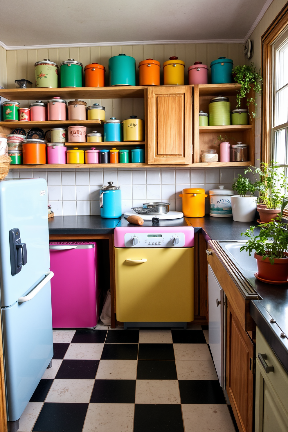 A charming vintage kitchen setting filled with colorful canisters for storage. The canisters are arranged neatly on open wooden shelves, showcasing a variety of bright colors and unique patterns. The kitchen features retro appliances in pastel hues, complemented by a checkered floor in black and white. Wooden cabinets with a distressed finish add character, while potted herbs on the windowsill bring a touch of freshness to the space.