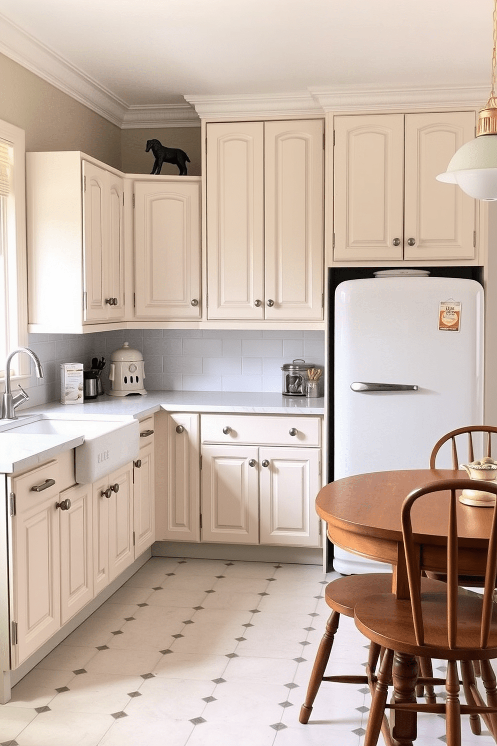 A charming vintage kitchen with pastel-colored cabinets creates a soft and inviting atmosphere. The cabinets are adorned with delicate hardware and complemented by a farmhouse sink and a retro-style refrigerator. The countertops are made of white marble, providing a bright contrast to the pastel hues. A cozy breakfast nook with a wooden table and mismatched chairs adds to the kitchen's warmth and character.