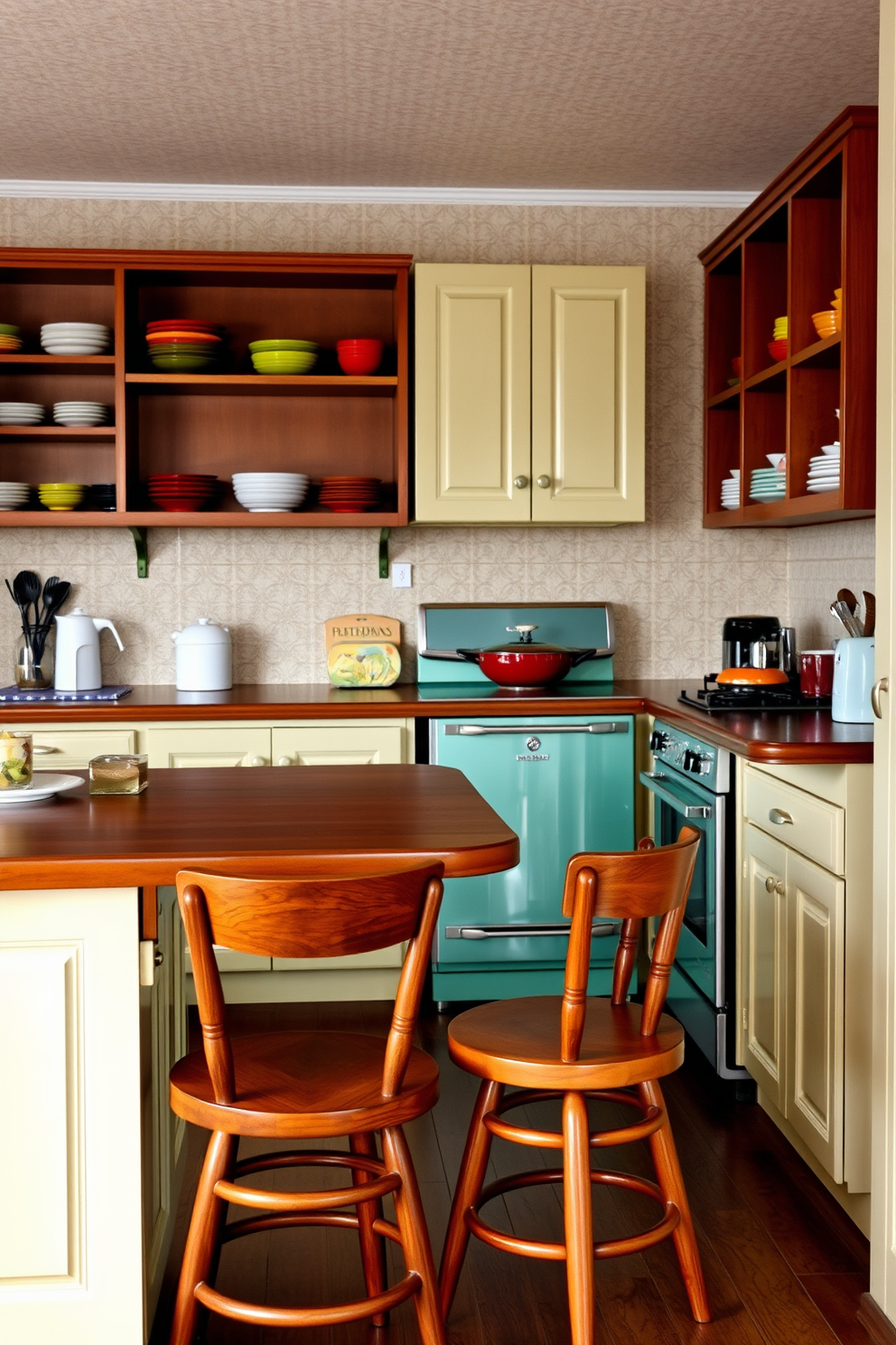 Classic wooden stools at the counter create a warm and inviting atmosphere in a vintage kitchen. The countertops are a rich, dark wood, complemented by cream-colored cabinetry and retro-style appliances. The walls are adorned with patterned wallpaper in soft pastel hues, enhancing the nostalgic charm. Brightly colored dishware is displayed on open shelves, adding a pop of color and character to the space.