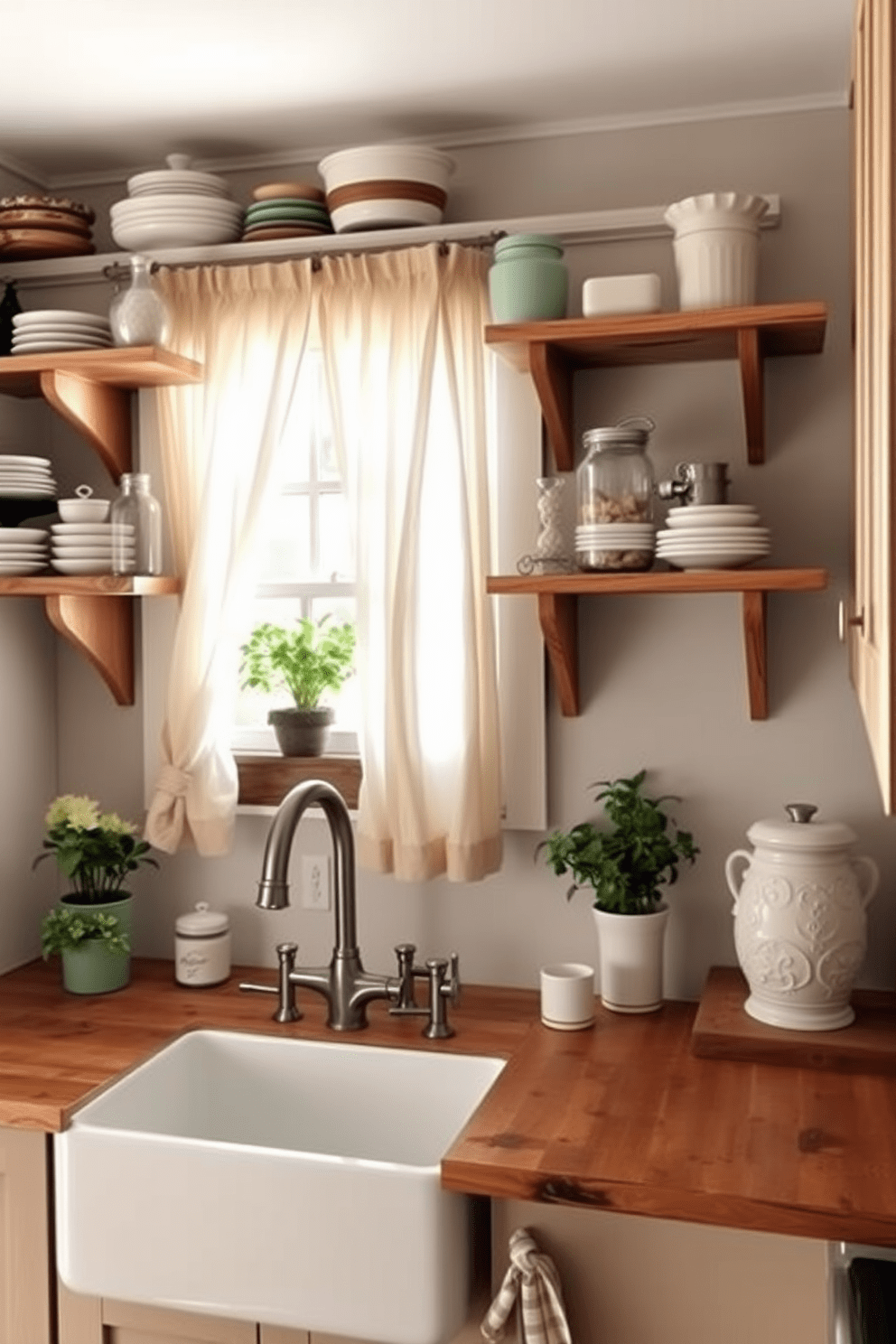 Open shelving with rustic wooden accents creates a warm and inviting atmosphere in the kitchen. The shelves are filled with an array of vintage dishware, mason jars, and potted herbs, adding charm and character to the space. The kitchen features a farmhouse sink with a brushed nickel faucet and a wooden countertop that complements the rustic shelving. Soft, natural light streams in through a window adorned with sheer curtains, enhancing the cozy, vintage feel of the design.