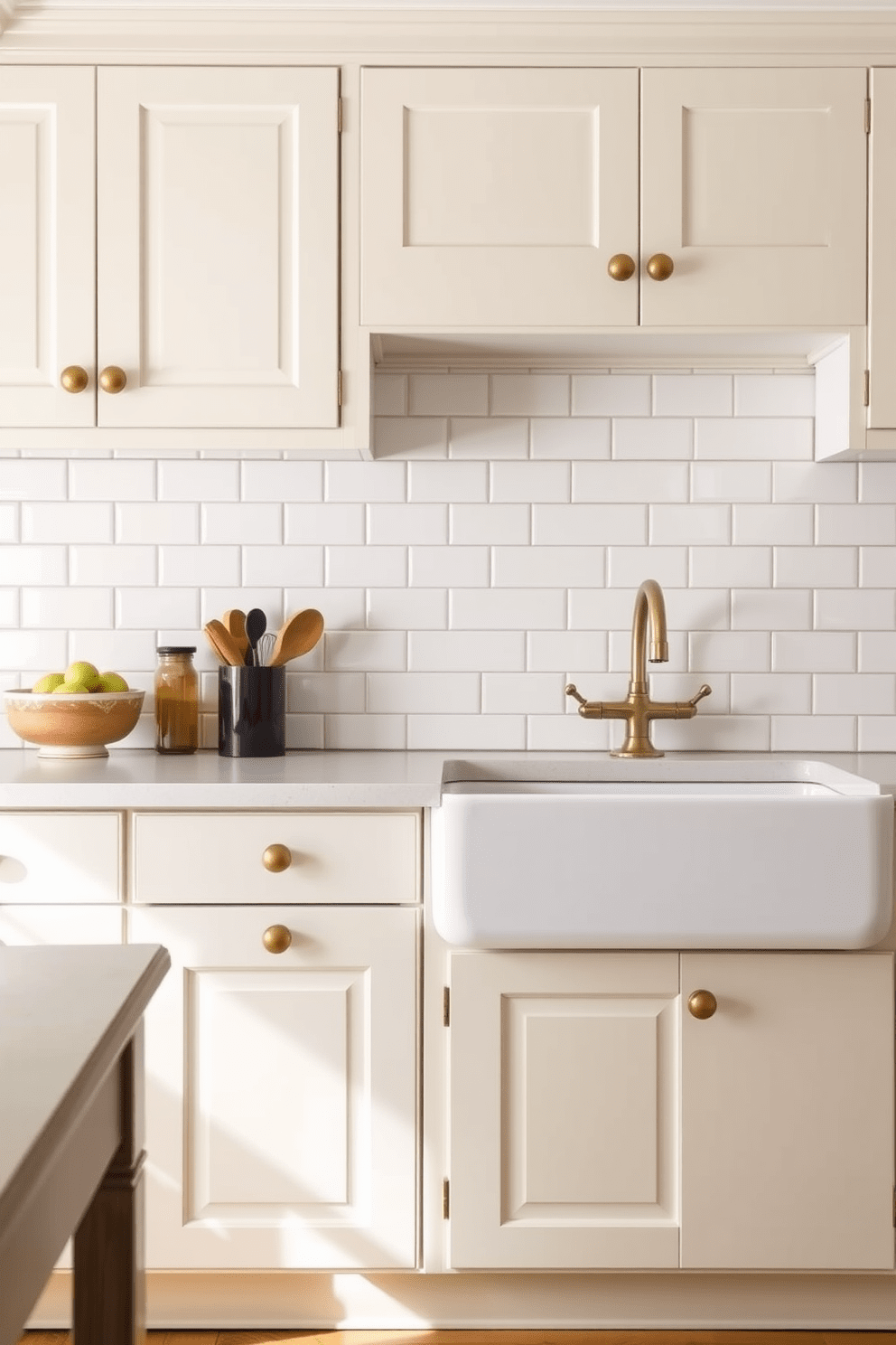 A vintage kitchen featuring classic white subway tiles as the backsplash. The cabinets are a soft pastel color, complemented by brass hardware and a farmhouse sink.