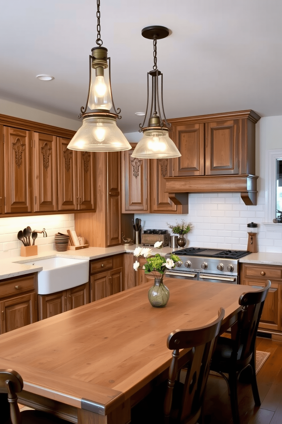 Antique light fixtures hang gracefully from the ceiling, casting a warm and inviting glow throughout the space. The kitchen features distressed wooden cabinets with intricate carvings and a farmhouse sink that adds to the vintage charm. The countertops are adorned with a classic white subway tile backsplash, complemented by brass hardware that enhances the nostalgic feel. A rustic wooden dining table sits in the center, surrounded by mismatched chairs that evoke a sense of cozy gatherings.