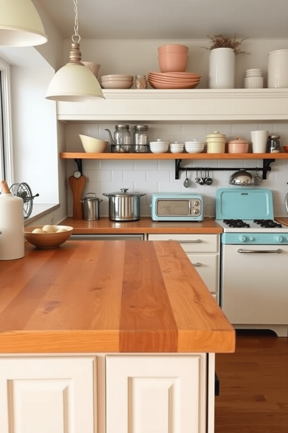 Charming butcher block countertop design. The kitchen features a spacious butcher block countertop with a warm, rich wood finish that adds a rustic touch. Vintage kitchen design ideas. The space is adorned with retro appliances in pastel colors, complemented by open shelving displaying vintage dishware and mason jars.