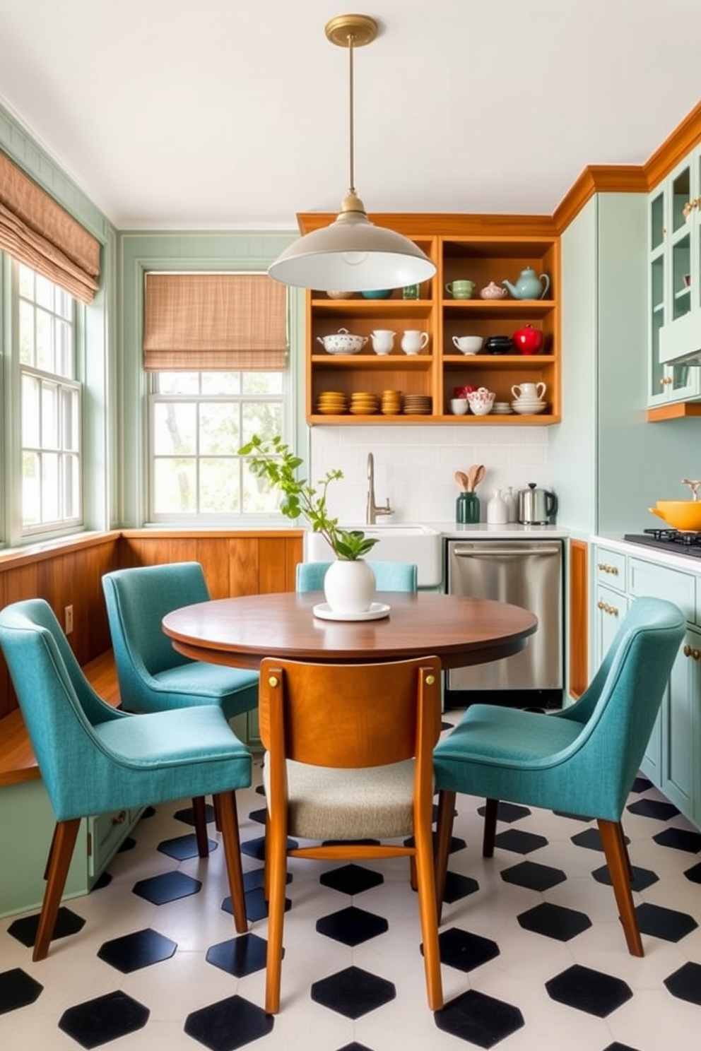 A mid-century modern dining nook setup featuring a round walnut table surrounded by four upholstered chairs in a vibrant teal fabric. The nook is illuminated by a stylish pendant light above, with large windows allowing natural light to fill the space. Vintage kitchen design ideas showcasing a retro-inspired layout with mint green cabinets and brass hardware. The kitchen includes a classic farmhouse sink and a checkered black and white floor, complemented by open shelving displaying colorful dishware.