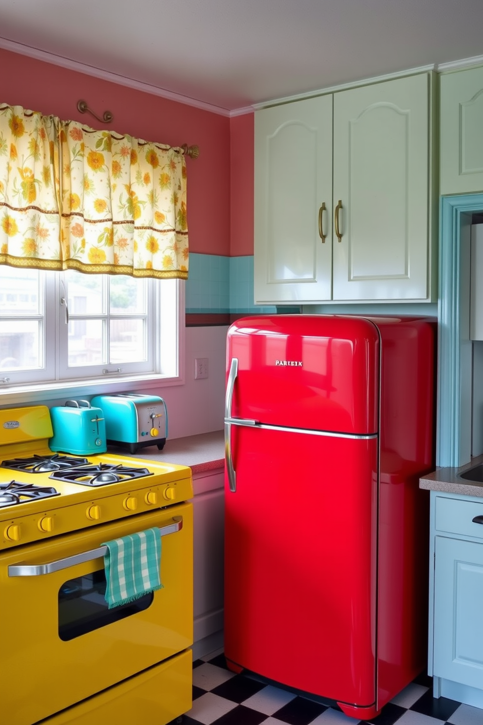 A vintage kitchen filled with retro appliances in bright colors. The refrigerator is a glossy red, complementing a cheerful yellow stove and a turquoise toaster on the countertop. The cabinets are painted in a soft pastel hue, adding a nostalgic charm to the space. Brightly patterned curtains frame the windows, and a classic checkered floor completes the look.