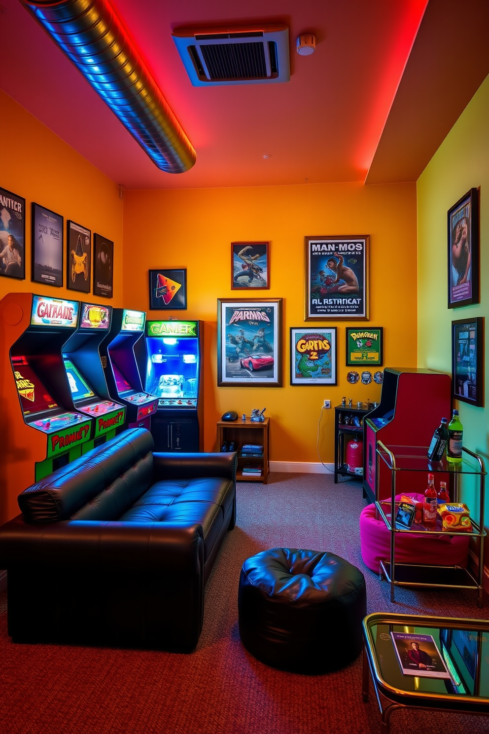 A retro arcade game corner features a vibrant neon color palette with classic arcade machines lining the walls. A cozy seating area includes a leather couch and vintage bean bags, creating a nostalgic atmosphere. The walls are adorned with framed posters of iconic video games and retro memorabilia. Soft ambient lighting enhances the playful vibe, while a small bar cart stocked with snacks and drinks completes the man cave aesthetic.