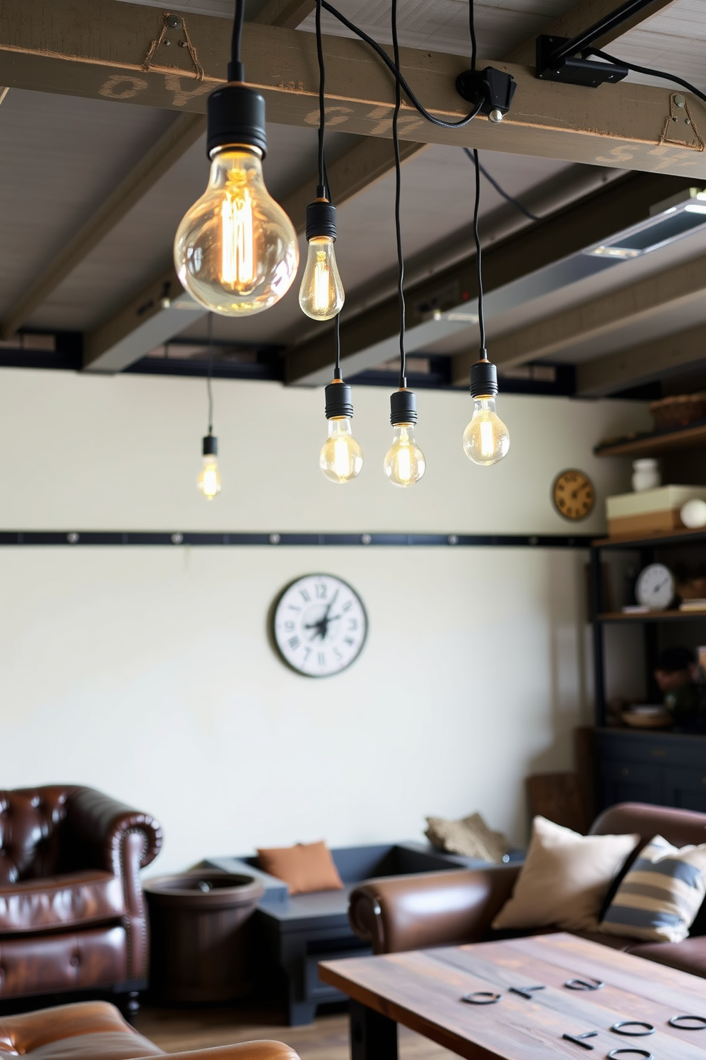 A cozy man cave featuring industrial lighting fixtures with Edison bulbs hanging from exposed metal beams. The space is adorned with vintage furniture pieces, including a distressed leather sofa and a reclaimed wood coffee table.