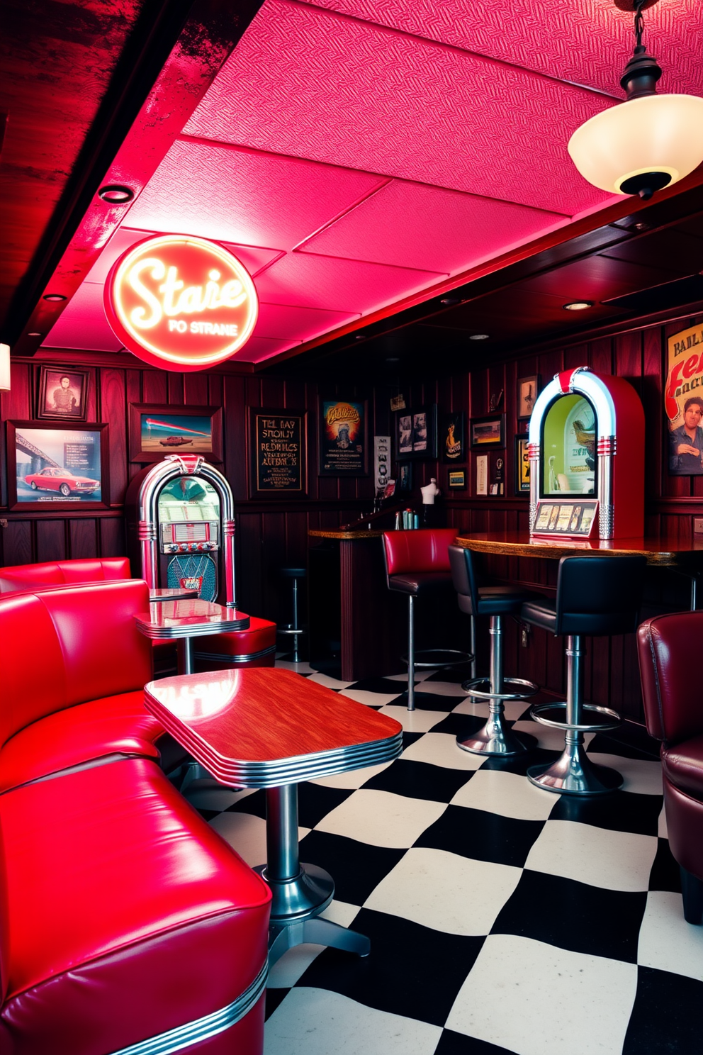 A vibrant retro diner-style booth seating area with bright red vinyl upholstery and chrome accents. The booths are arranged in a U-shape around a classic black and white checkered floor, with a neon sign illuminating the space. A cozy vintage man cave design featuring dark wood paneling and leather furniture. The room includes a rustic bar with high stools, a vintage jukebox, and memorabilia displayed on the walls for a nostalgic atmosphere.