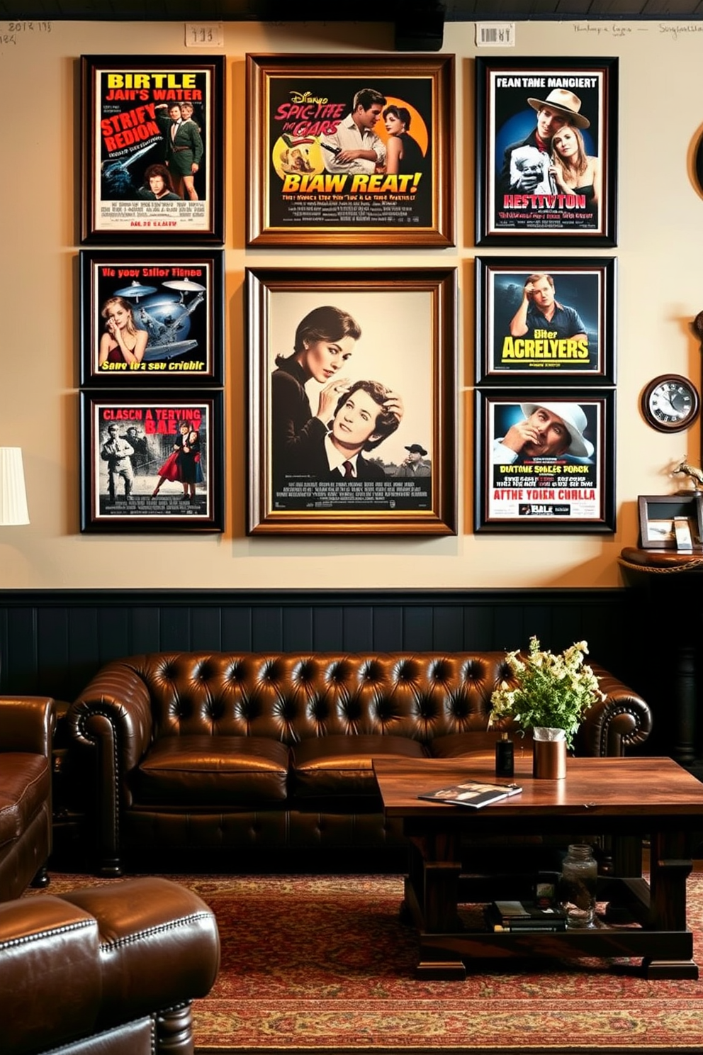 A vintage man cave featuring classic movie posters elegantly framed on the walls. The space includes a plush leather sofa, a rustic wooden coffee table, and a bar area stocked with vintage memorabilia.