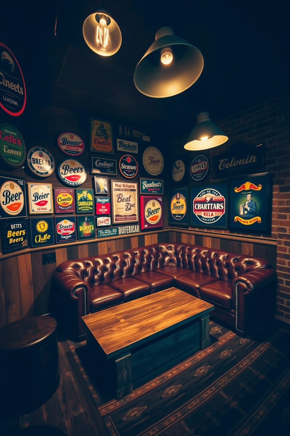 A cozy man cave adorned with vintage beer signs creates a nostalgic atmosphere. The walls are lined with a mix of rustic wood panels and exposed brick, showcasing an array of colorful beer advertisements. In one corner, a plush leather couch invites relaxation, complemented by a reclaimed wood coffee table. Dim lighting from industrial-style pendant lamps adds warmth, enhancing the vintage vibe throughout the space.