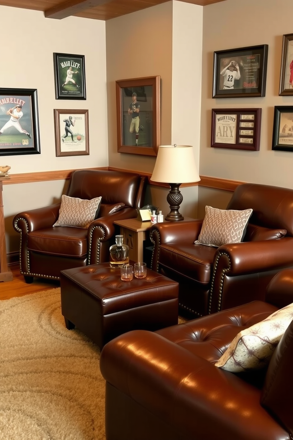 Leather armchairs with ottomans create a cozy and inviting atmosphere in a vintage man cave. The rich brown tones of the leather complement the warm wood accents and vintage decor throughout the space. In the corner, a rustic wooden side table holds a classic whiskey decanter and glasses. The walls are adorned with framed vintage sports memorabilia and a large, plush area rug anchors the seating arrangement.