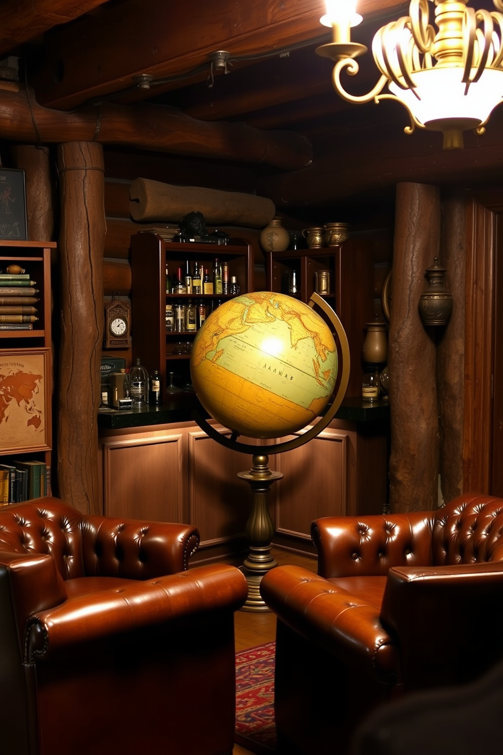 A cozy old-fashioned globe bar stands in the corner of a rustic man cave. The globe is intricately detailed, showcasing vintage maps and is crafted from rich mahogany with a brass stand. Surrounding the globe bar, leather armchairs provide a comfortable seating area. Dim lighting from a vintage chandelier casts a warm glow, enhancing the inviting atmosphere of the space.