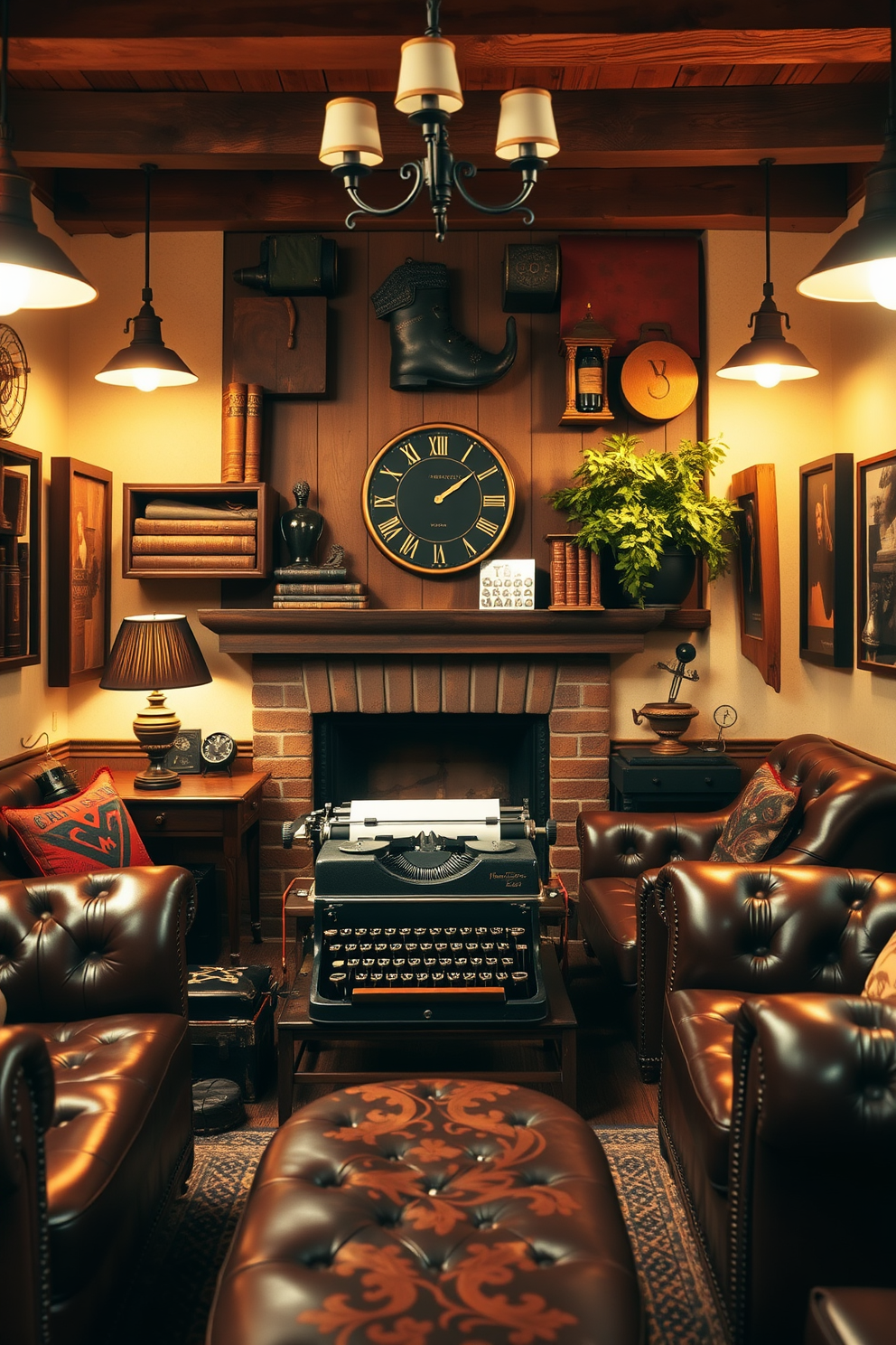 A vintage man cave featuring an antique typewriter as a central decor piece. The space is adorned with rich leather furniture, warm wood accents, and soft ambient lighting to create a cozy atmosphere.