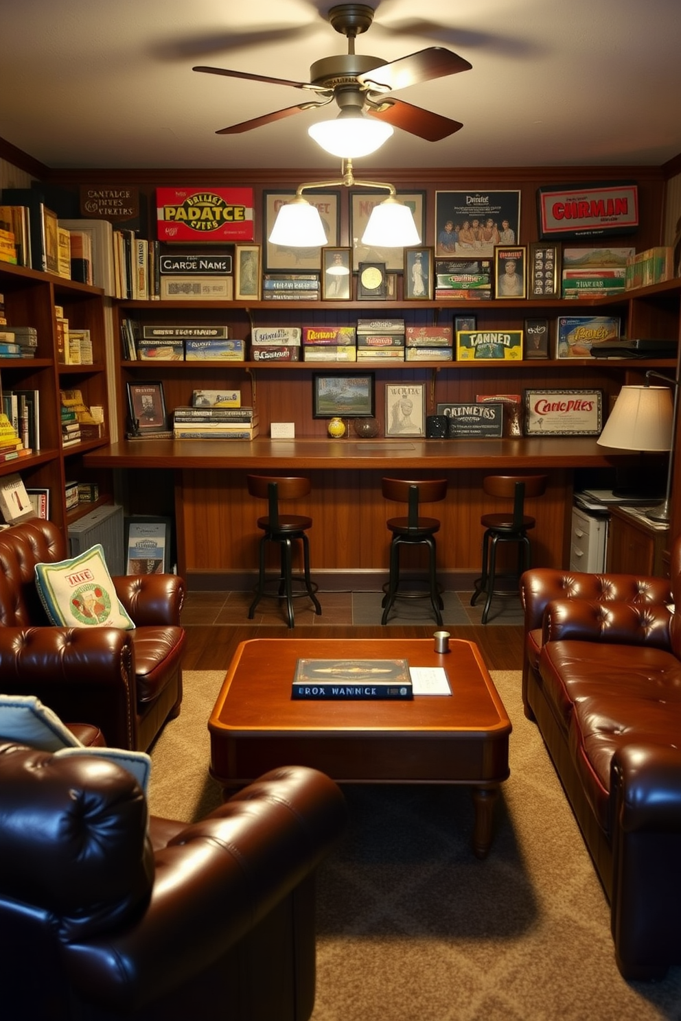 A cozy vintage man cave adorned with classic board games. The space features a warm wooden bar with high stools, surrounded by shelves filled with an array of vintage board games. Soft lighting casts a welcoming glow over the room, enhancing the rich leather furniture. A retro coffee table sits in the center, inviting friends to gather and enjoy a game night.