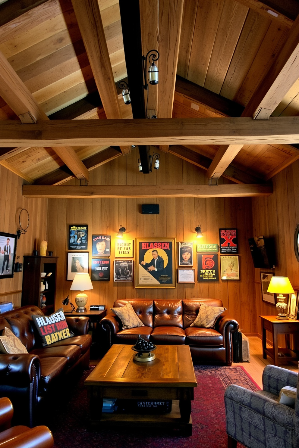 Rustic wooden beams span the ceiling, adding warmth and character to the space. The beams are complemented by soft, ambient lighting that enhances the inviting atmosphere. The man cave features a blend of vintage furnishings, including a leather sofa and a reclaimed wood coffee table. Walls are adorned with retro posters and memorabilia, creating a nostalgic yet stylish retreat.