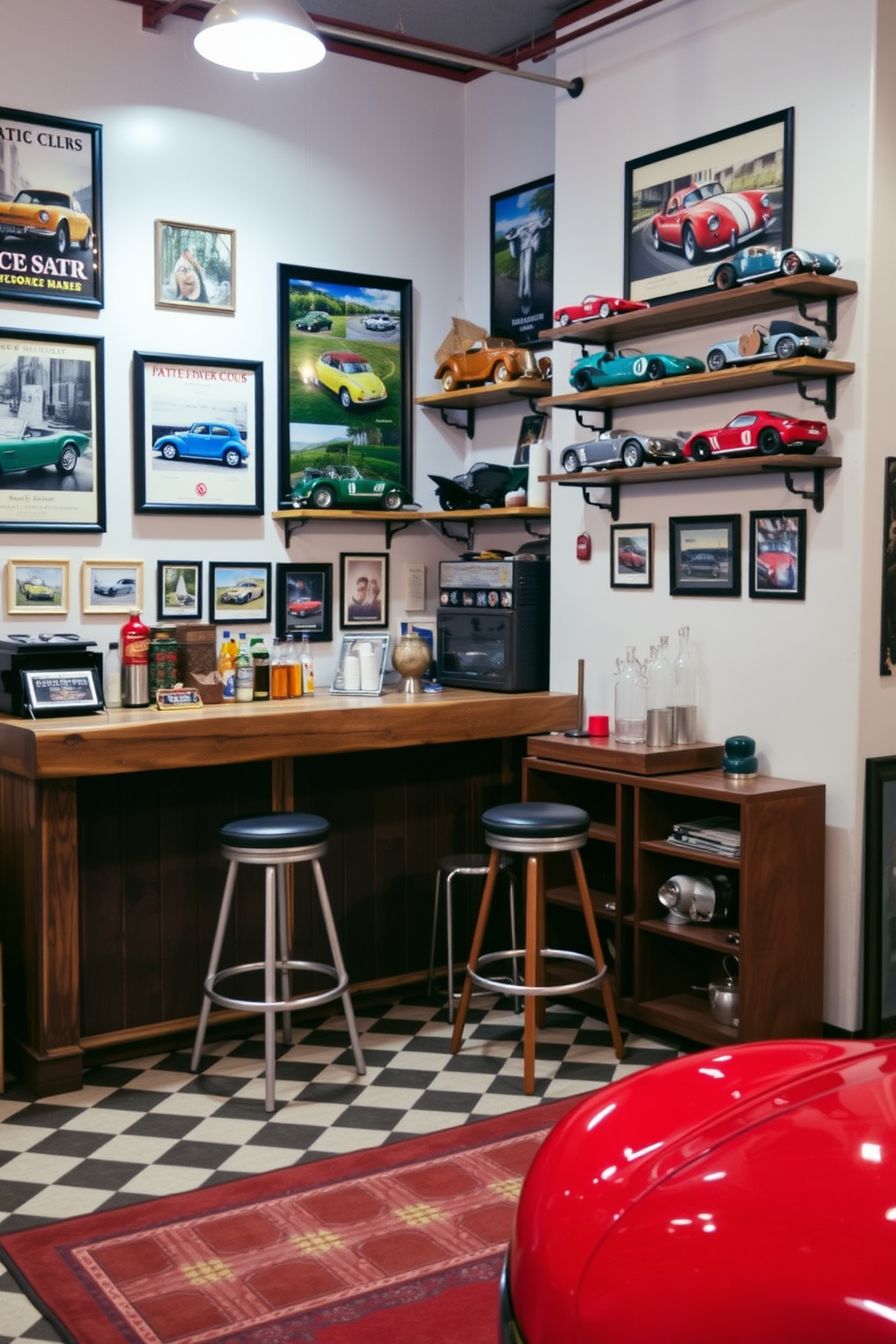 Classic car memorabilia for display. The walls are adorned with framed vintage car posters and photographs, complemented by shelves showcasing model cars and automotive collectibles. A rustic wooden bar with high stools sits in one corner, featuring a collection of vintage car-themed barware. The floor is covered with a retro checkered rug, and ambient lighting highlights the memorabilia throughout the space.