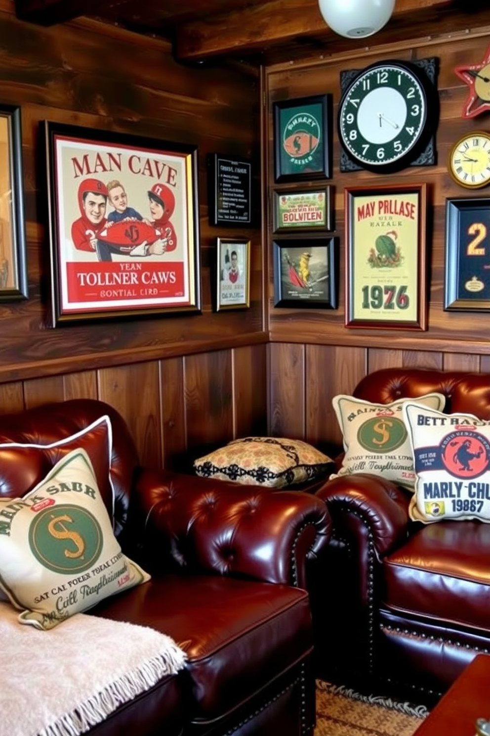 A cozy man cave featuring leather sofas adorned with vintage throw pillows. The walls are decorated with rustic wood paneling and framed vintage sports memorabilia.