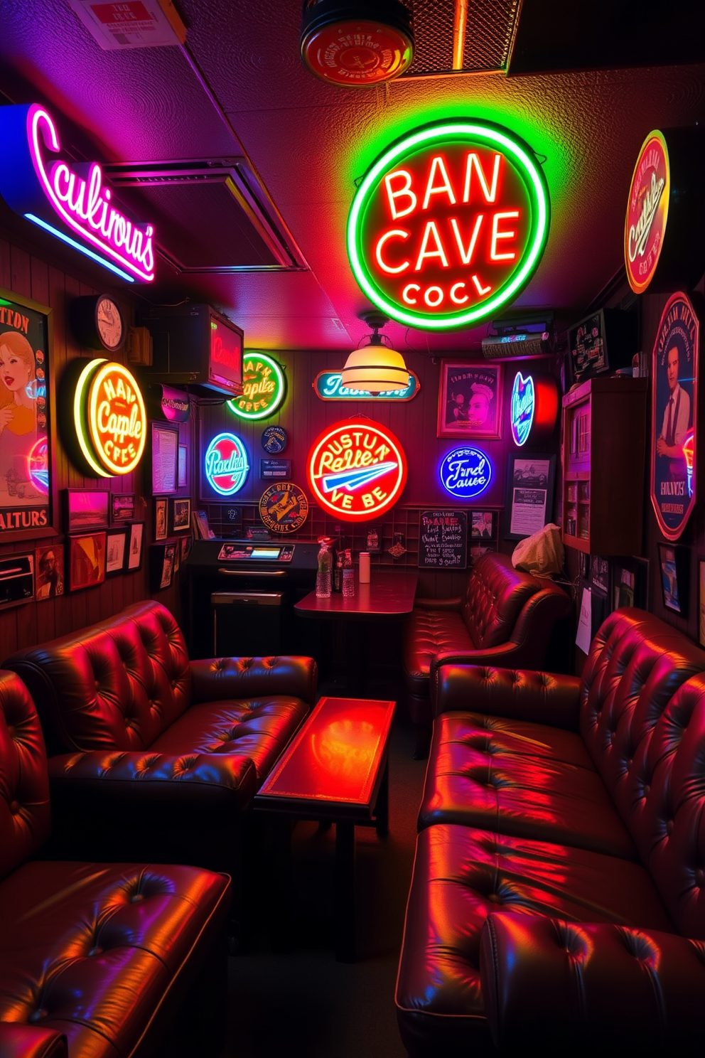 A cozy man cave featuring retro neon signs that illuminate the space with vibrant colors. The walls are adorned with vintage memorabilia, and plush leather seating invites relaxation and entertainment.