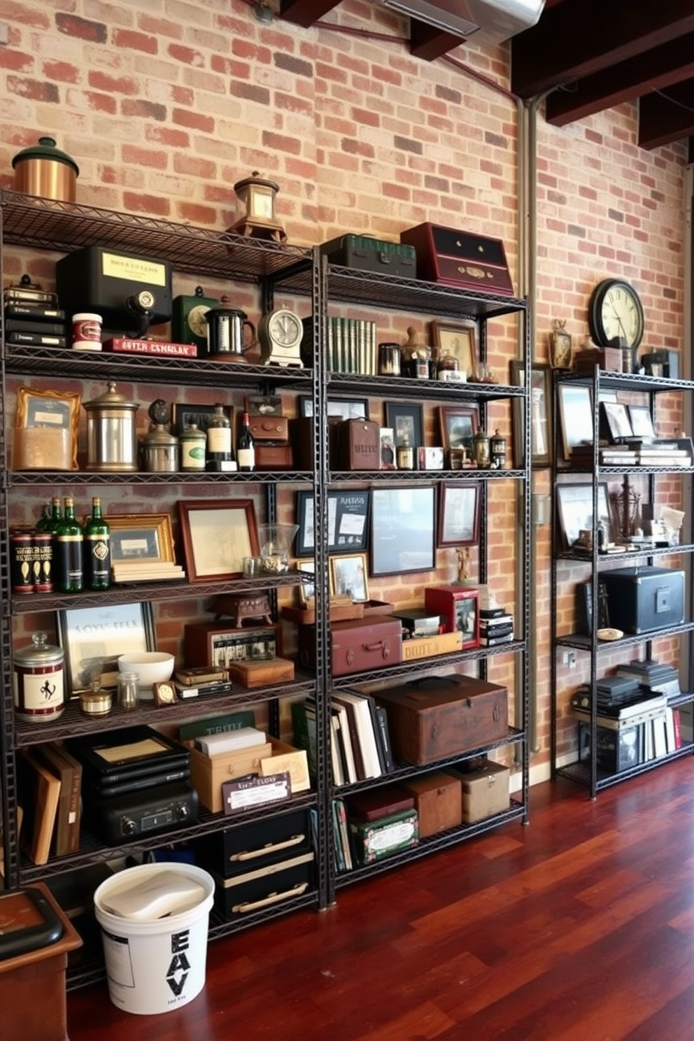 A stylish man cave featuring industrial metal shelving units that display an array of vintage collectibles and memorabilia. The walls are adorned with exposed brick, and the flooring is a rich hardwood that adds warmth to the space.