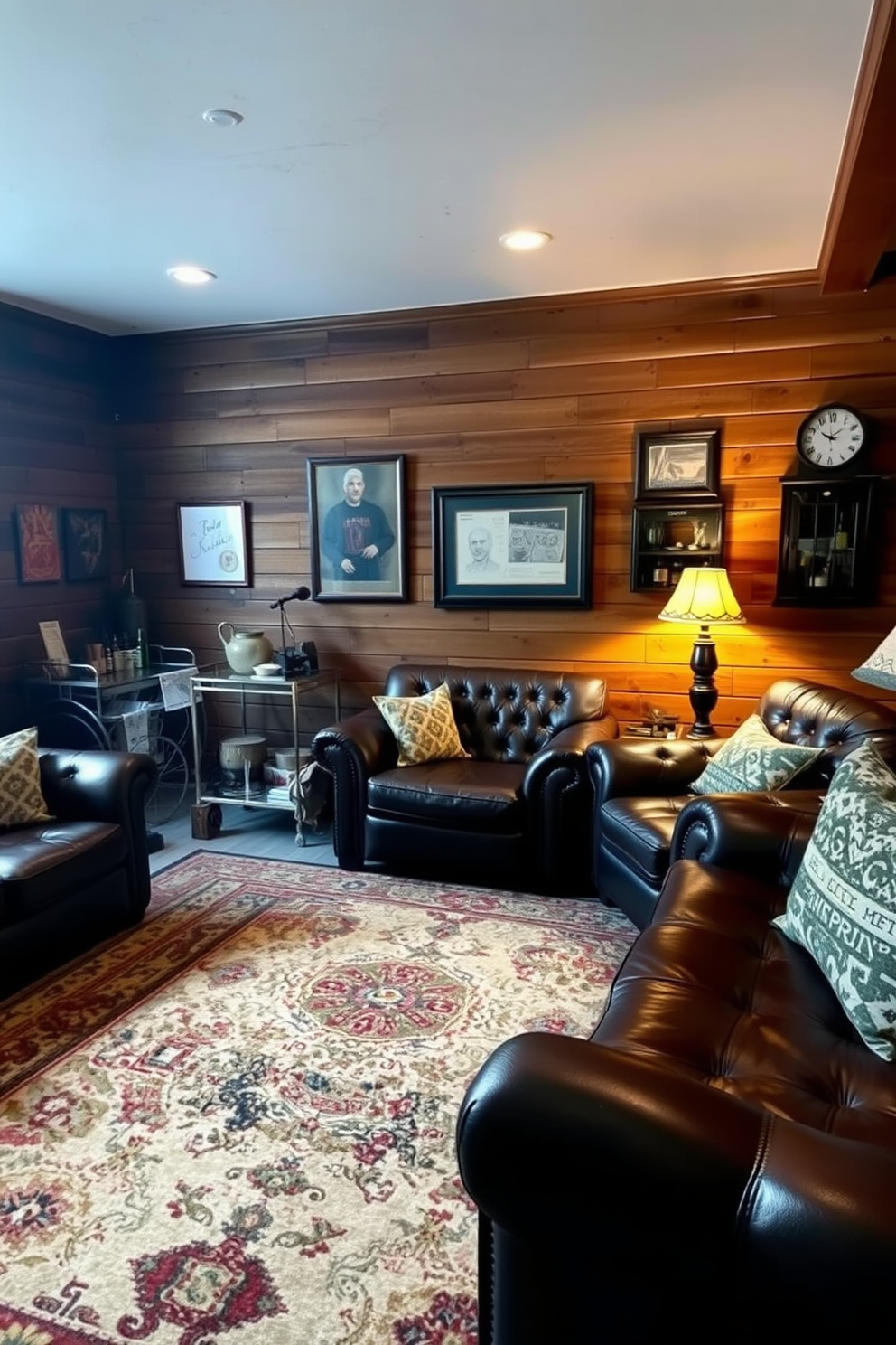 A cozy vintage man cave featuring a large vintage-style rug that adds warmth and character to the space. The walls are adorned with rustic wood paneling, and comfortable leather furniture invites relaxation. The room is accented with vintage decor items, including an antique bar cart and framed memorabilia. Soft lighting from industrial-style lamps creates an inviting atmosphere perfect for entertaining friends.