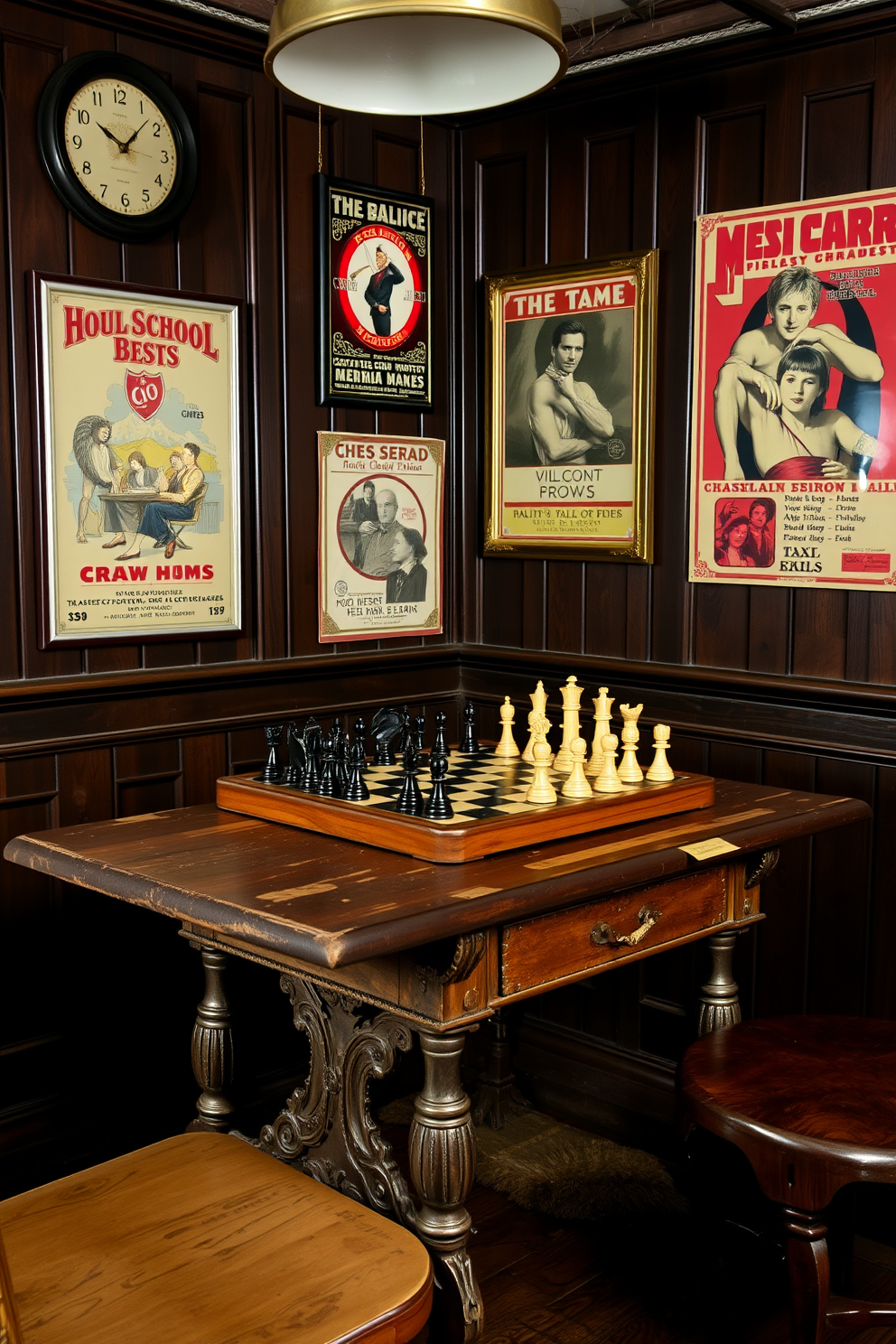 A vintage man cave featuring an old-school chess set on a distressed wooden table. The walls are adorned with dark wood paneling and vintage posters, creating a cozy and nostalgic atmosphere.