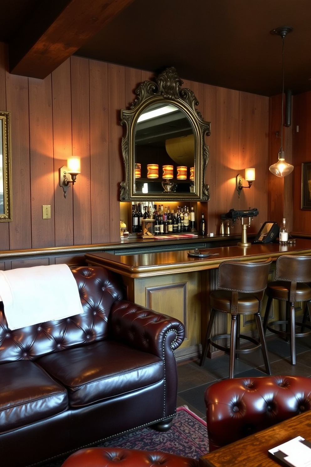 A vintage man cave featuring rich leather seating and a rustic wooden bar. An antique mirror hangs above the bar, reflecting warm ambient lighting and adding depth to the space.