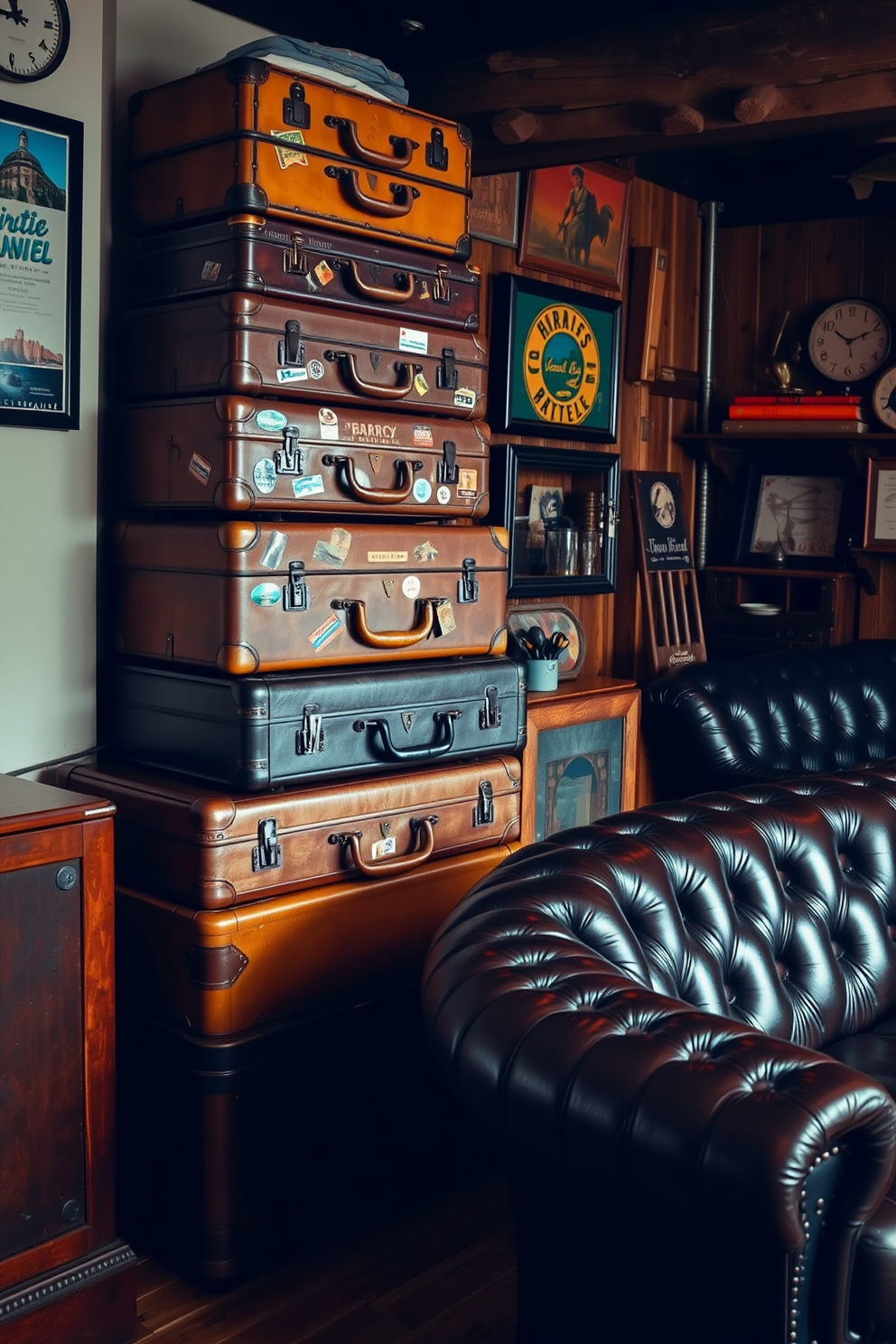 A collection of vintage suitcases stacked artfully in a corner, showcasing worn leather and vibrant travel stickers. The suitcases are arranged in a way that highlights their unique textures and colors, creating an inviting focal point in the room. A cozy vintage man cave featuring deep leather seating and rustic wooden accents. The walls are adorned with vintage memorabilia and soft lighting creates a warm atmosphere, perfect for relaxation and entertainment.