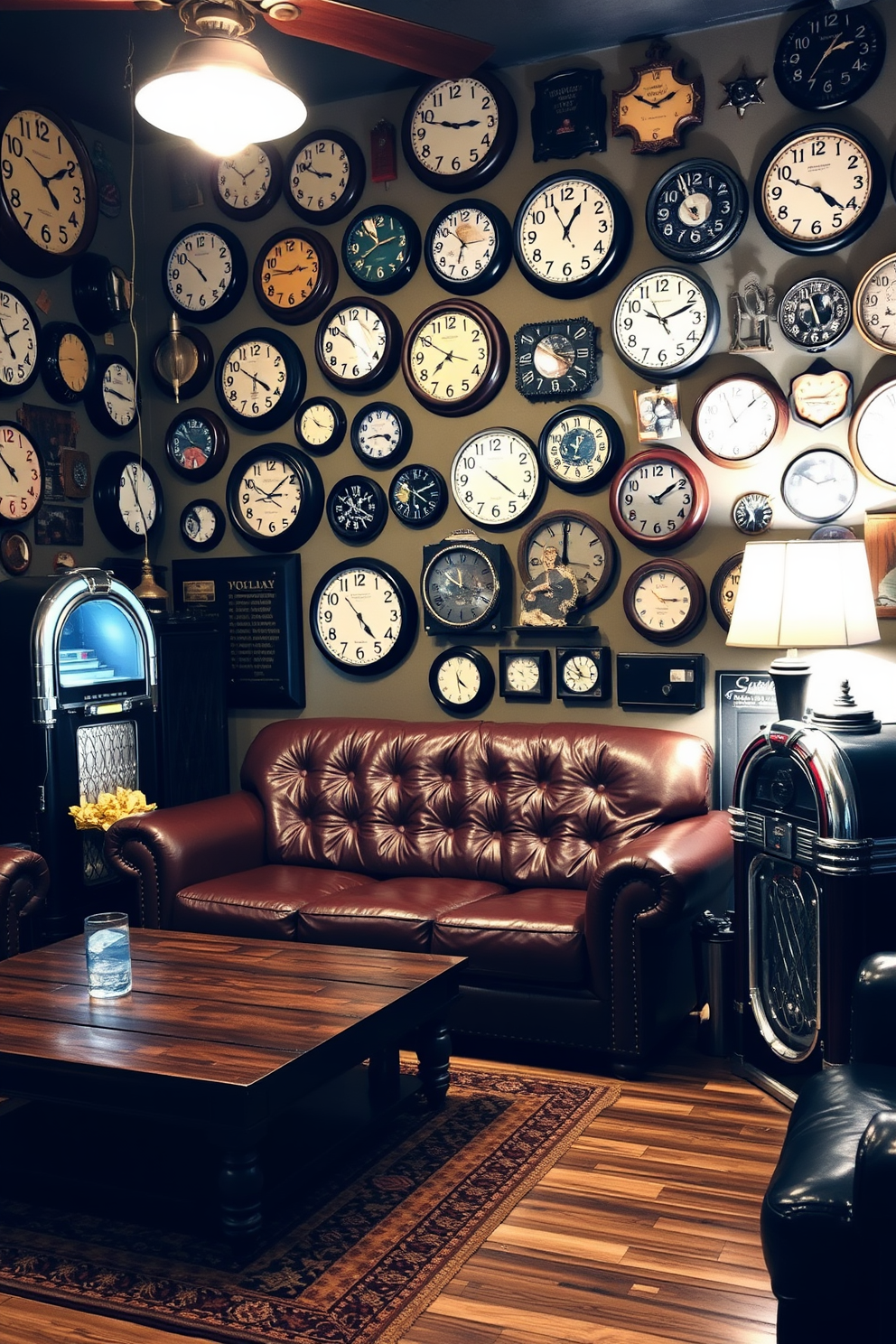 A cozy man cave featuring vintage decor elements. The walls are adorned with an array of retro wall clocks in various styles and colors, creating a timeless atmosphere. A plush leather sofa sits in the center, complemented by a rustic wooden coffee table. Dim lighting from antique lamps adds warmth, while a vintage jukebox stands in the corner, inviting nostalgia.