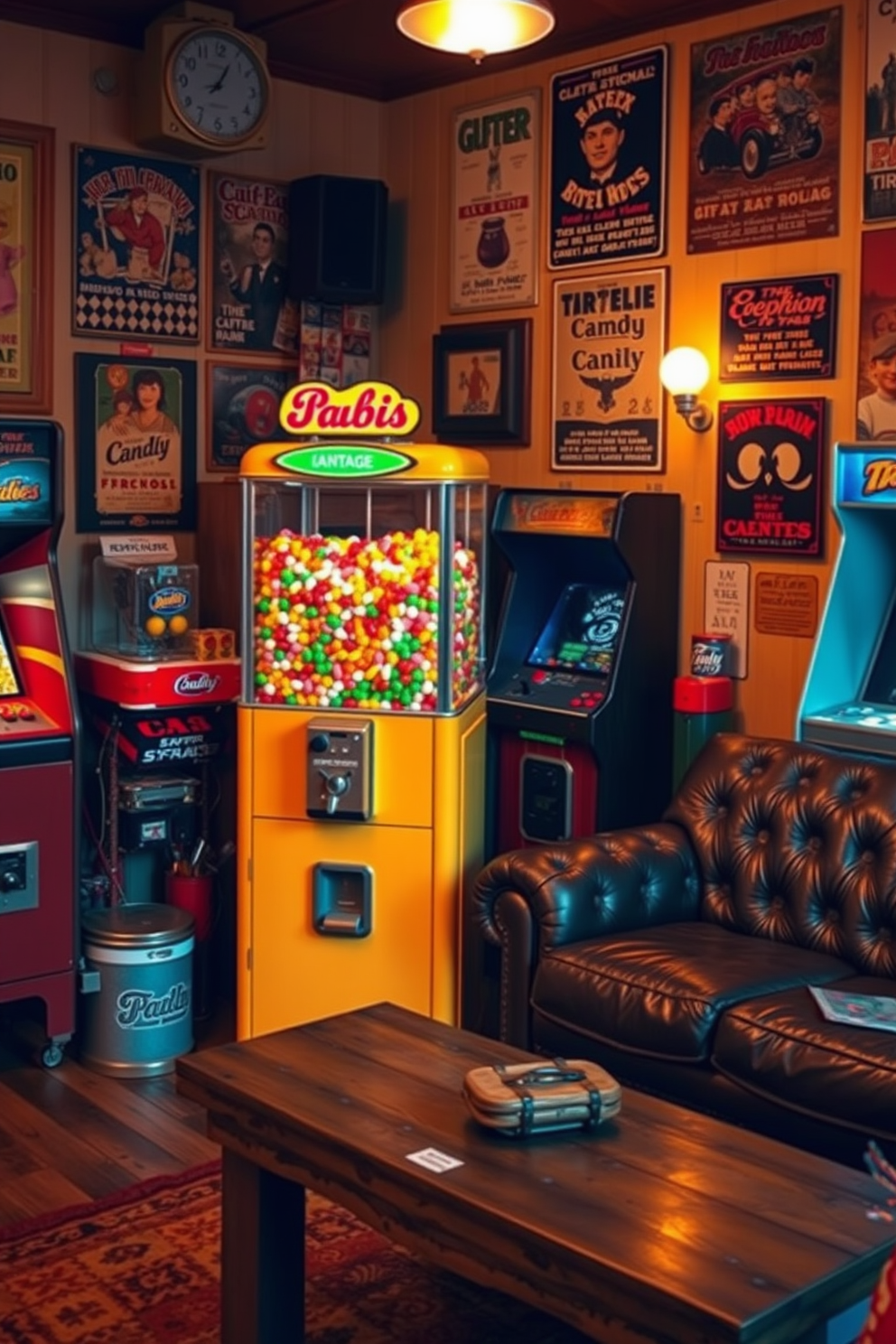 A nostalgic candy machine stands proudly in the corner of a vintage man cave, surrounded by retro memorabilia and classic arcade games. The walls are adorned with vintage posters and the lighting is warm, creating a cozy and inviting atmosphere. The candy machine is brightly colored, drawing attention with its whimsical design and glass jars filled with assorted candies. A plush leather sofa and a rustic wooden coffee table complete the space, inviting friends to gather and enjoy a sweet treat.