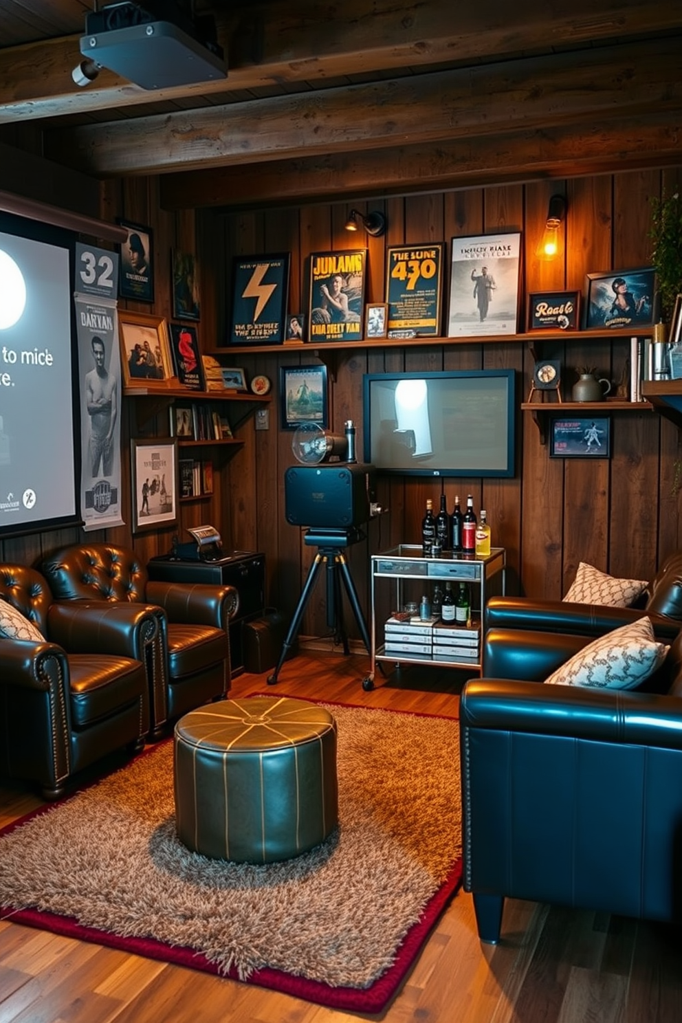 A cozy vintage man cave featuring a classic film projector set against a rustic wooden wall. The space is adorned with leather armchairs, a plush area rug, and shelves filled with vintage movie posters and memorabilia. Soft, ambient lighting creates a warm atmosphere, while a small bar cart stocked with drinks adds to the inviting vibe. The projector casts films onto a large screen, making it the perfect spot for movie nights with friends.