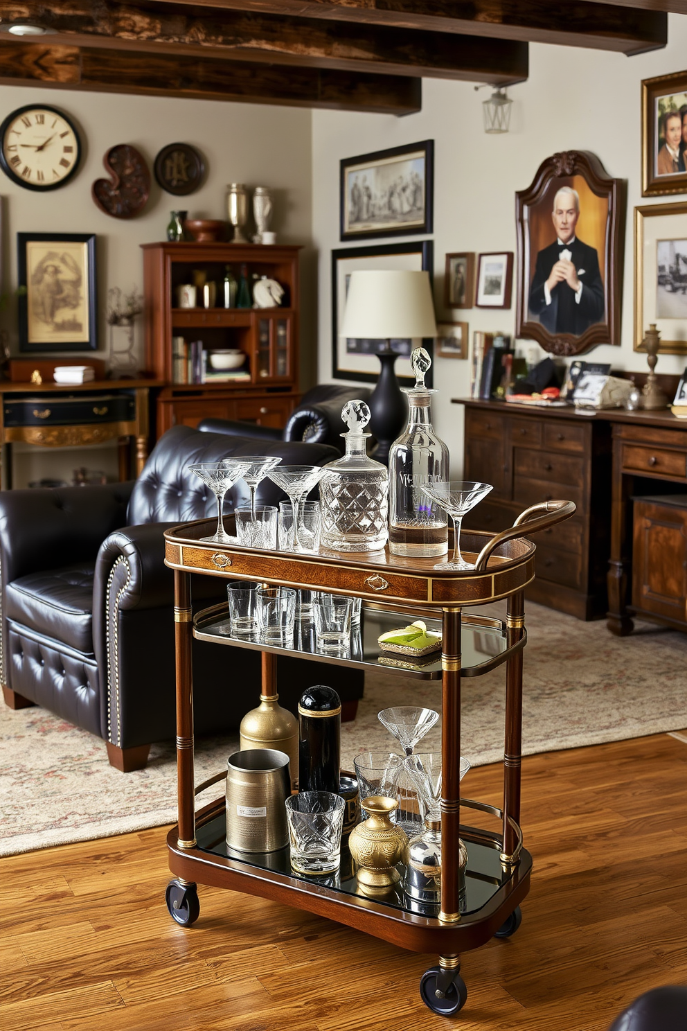 A classic bar cart is elegantly arranged with an assortment of glassware, including crystal tumblers and a decanter. The cart features a rich wood finish and is adorned with metallic accents, creating a sophisticated focal point in the room. The vintage man cave is designed with dark leather furniture and rustic wood elements, exuding a cozy and inviting atmosphere. Vintage memorabilia and artwork line the walls, adding character and a personal touch to the space.