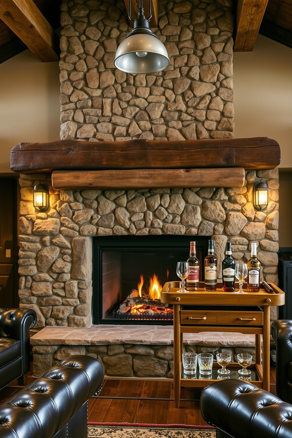 A rustic fireplace serves as the focal point of a cozy gathering space. Surrounding the fireplace are reclaimed wood beams and stone accents that enhance the warm ambiance. The vintage man cave features leather seating and industrial-style lighting fixtures. A wooden bar cart stocked with whiskey and glassware adds a touch of sophistication to the relaxed atmosphere.