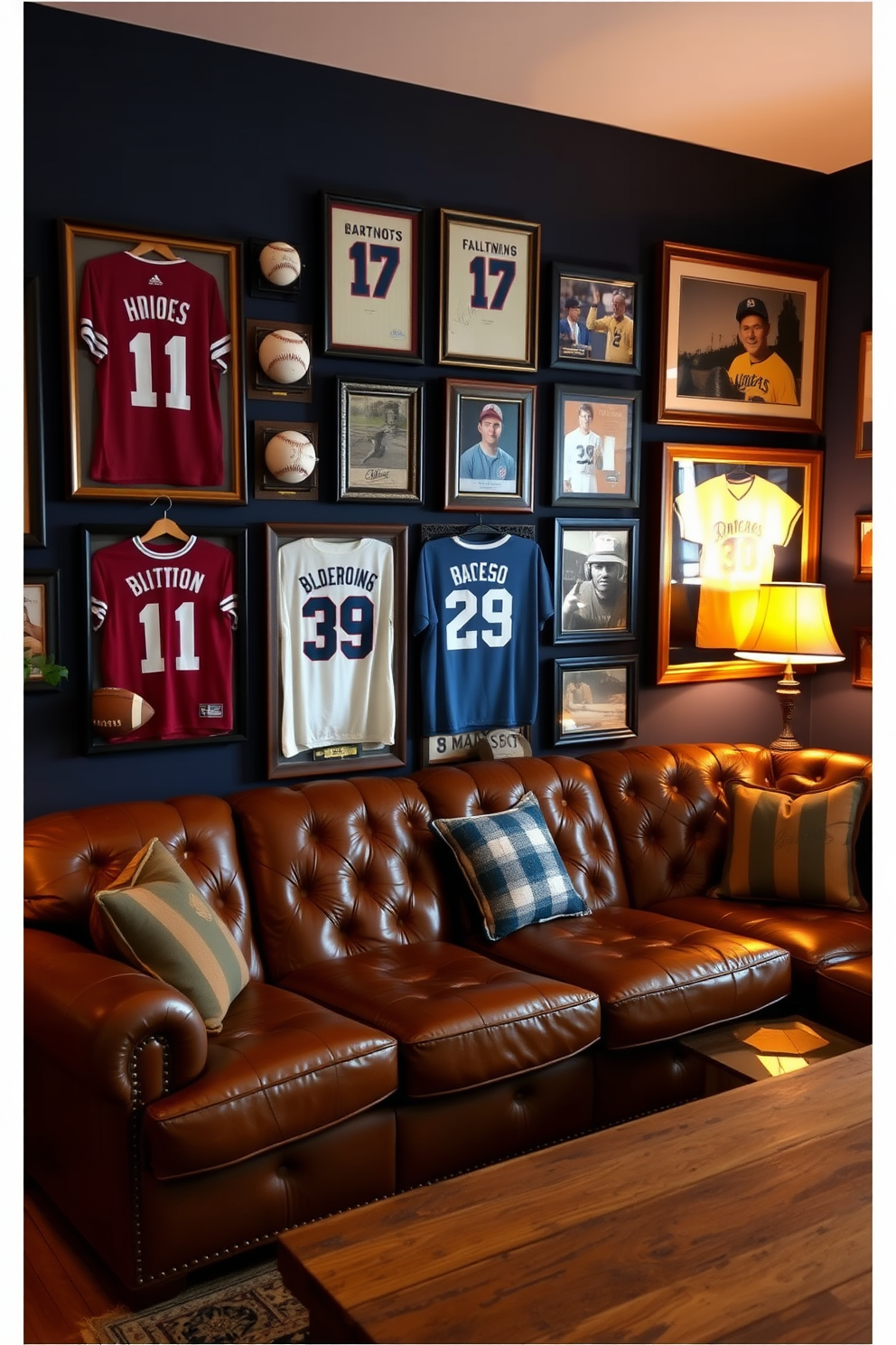 A vintage sports memorabilia wall art display showcases framed jerseys, autographed baseballs, and vintage photographs. The wall is painted in a deep navy blue, providing a striking backdrop for the collection that evokes nostalgia and passion for sports. The vintage man cave design features a leather sectional sofa and a rustic wooden coffee table. Ambient lighting from vintage-style lamps creates a warm and inviting atmosphere, perfect for entertaining friends or enjoying a game night.