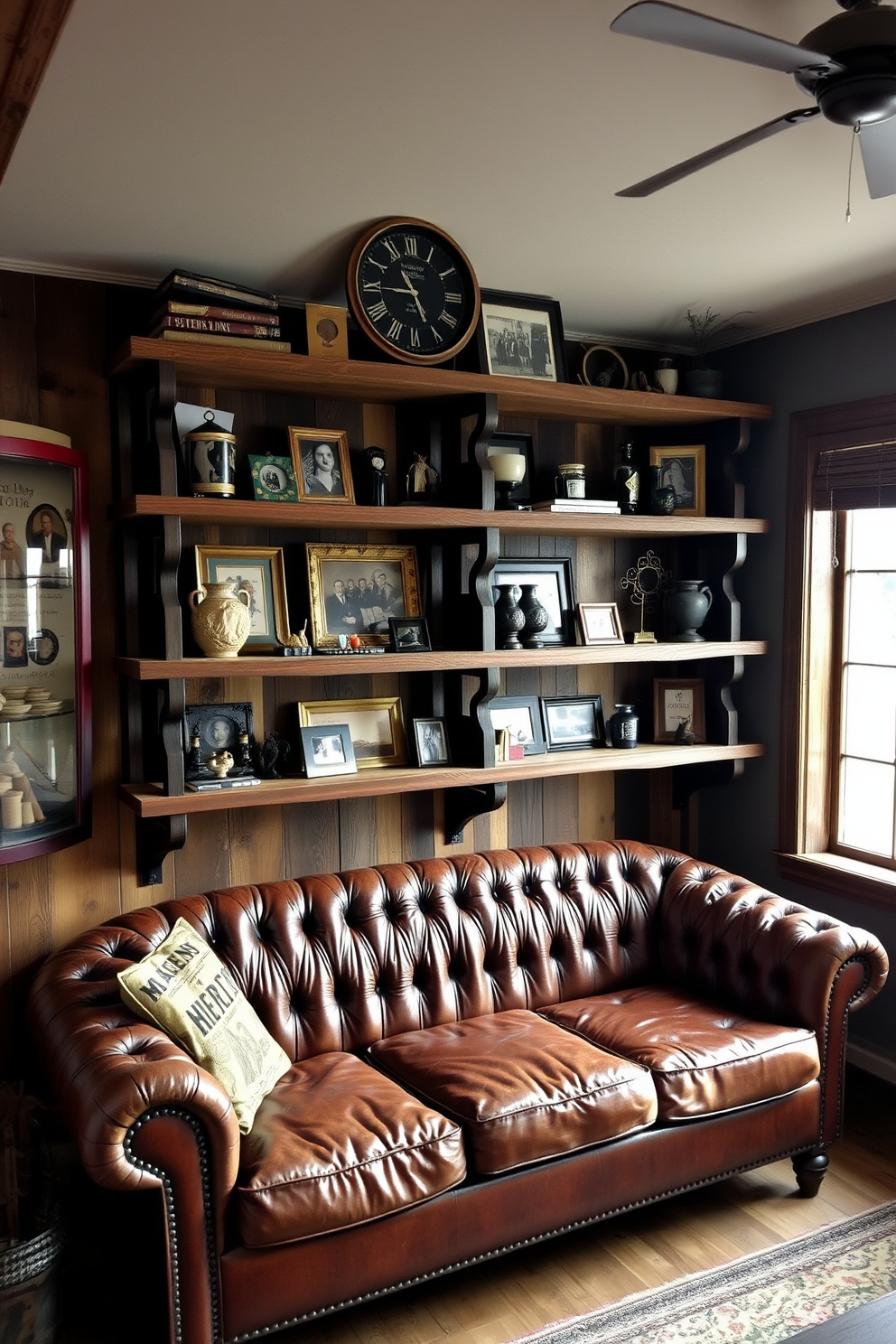 A cozy man cave featuring rustic wooden shelves adorned with various decor items. The walls are lined with reclaimed wood, and a vintage leather sofa sits comfortably in the corner.