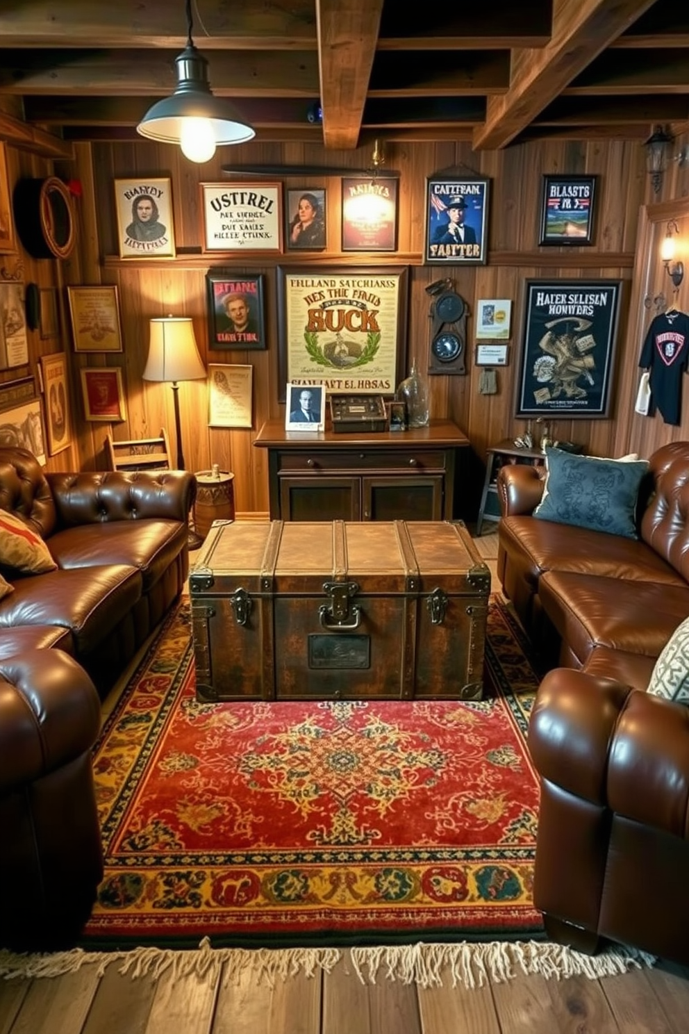 A rustic man cave featuring an antique trunk as a coffee table in the center of the room. The trunk is surrounded by plush leather sofas and a vintage rug, creating a cozy and inviting atmosphere. The walls are adorned with vintage posters and memorabilia, adding character and charm to the space. Soft ambient lighting from industrial-style lamps enhances the warm, relaxed vibe of the man cave.