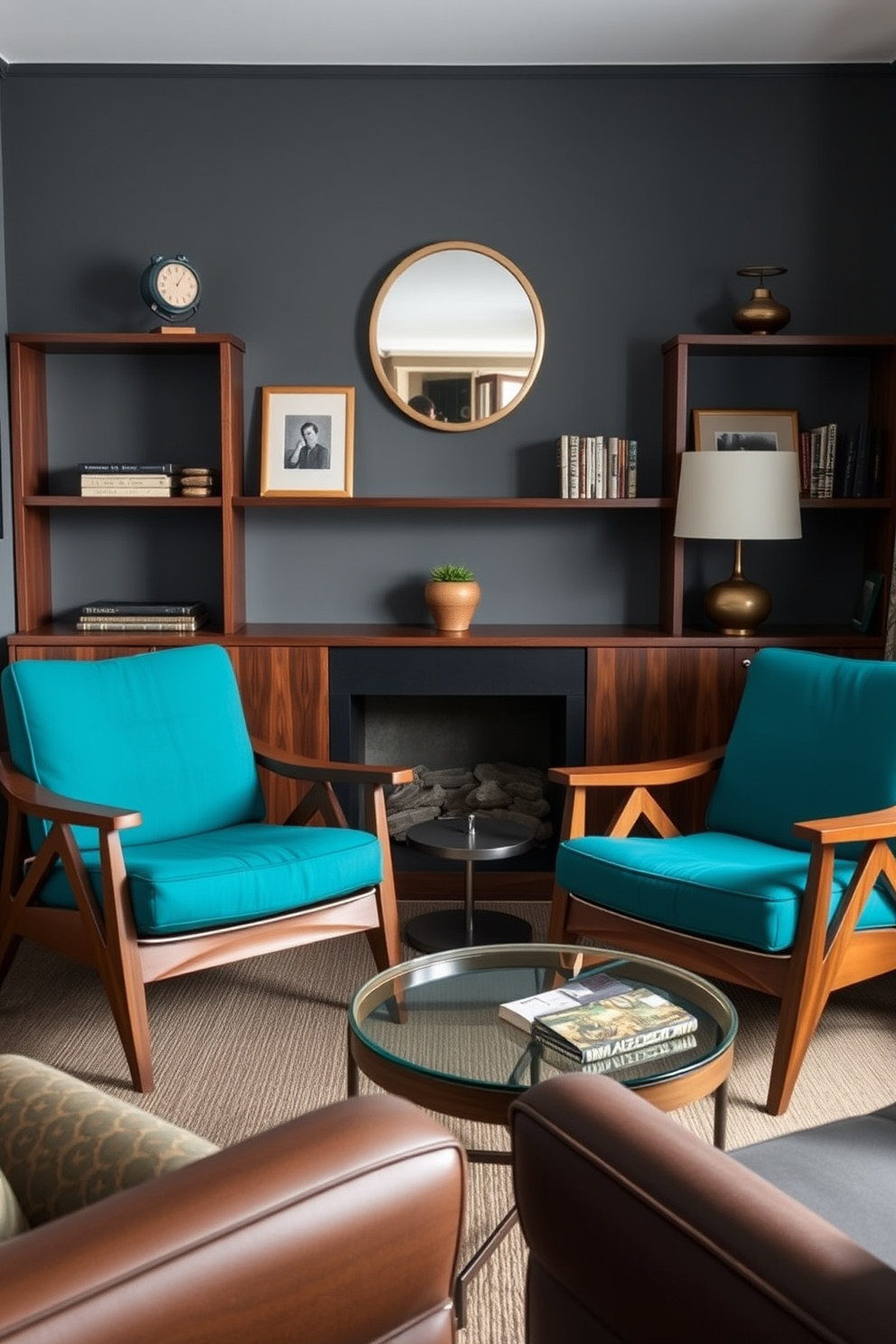 A cozy man cave featuring mid-century modern lounge chairs in a rich walnut finish. The chairs are upholstered in a vibrant teal fabric, positioned around a low, round coffee table made of glass and metal.