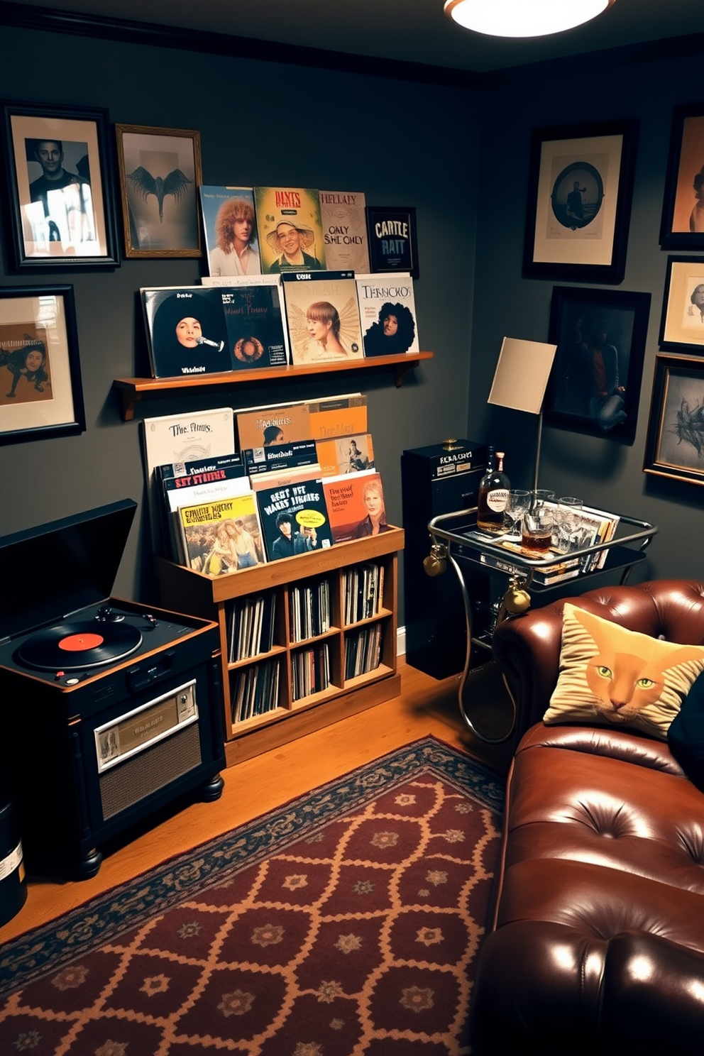 A vintage record player sits prominently in the corner of a cozy man cave, surrounded by a curated collection of vinyl records displayed on a rustic wooden shelf. The walls are adorned with framed album covers, and a plush leather sofa invites relaxation in this nostalgic space. Soft lighting casts a warm glow over the room, highlighting a vintage bar cart stocked with whiskey and glassware. A patterned area rug anchors the seating area, creating a perfect spot for enjoying music and conversation with friends.