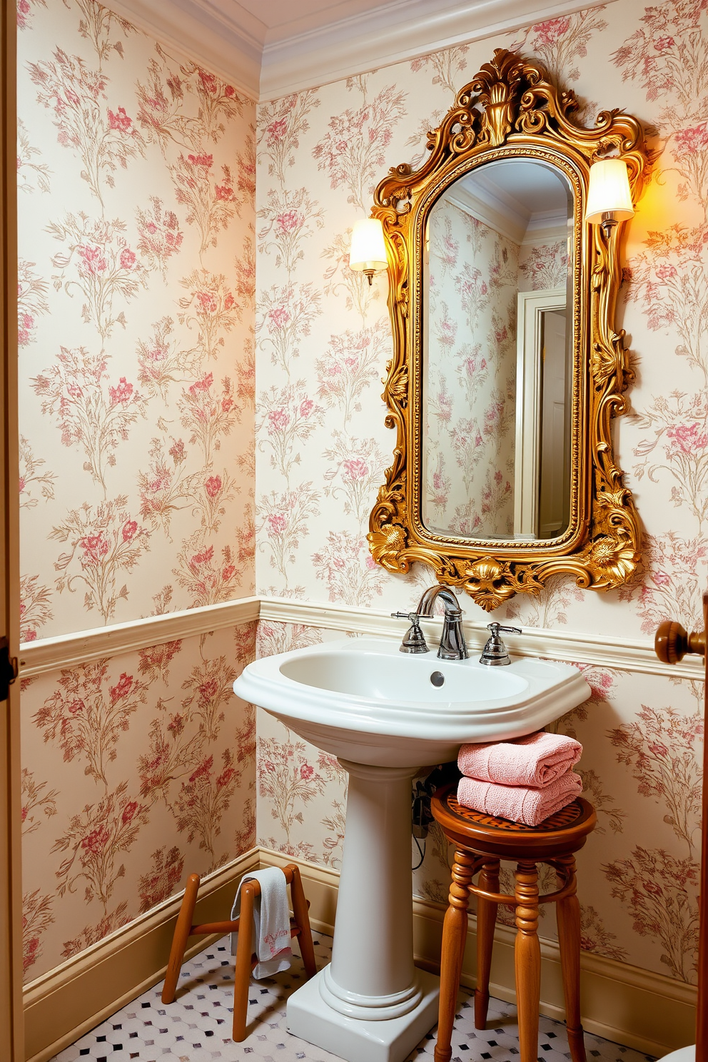 A vintage powder room featuring wallpaper adorned with intricate floral patterns. The space is complemented by a classic pedestal sink and an antique mirror framed in ornate gold. Soft lighting enhances the charm of the room, casting a warm glow on the delicate wallpaper. A small wooden stool is placed beside the sink, topped with neatly folded towels in pastel shades.