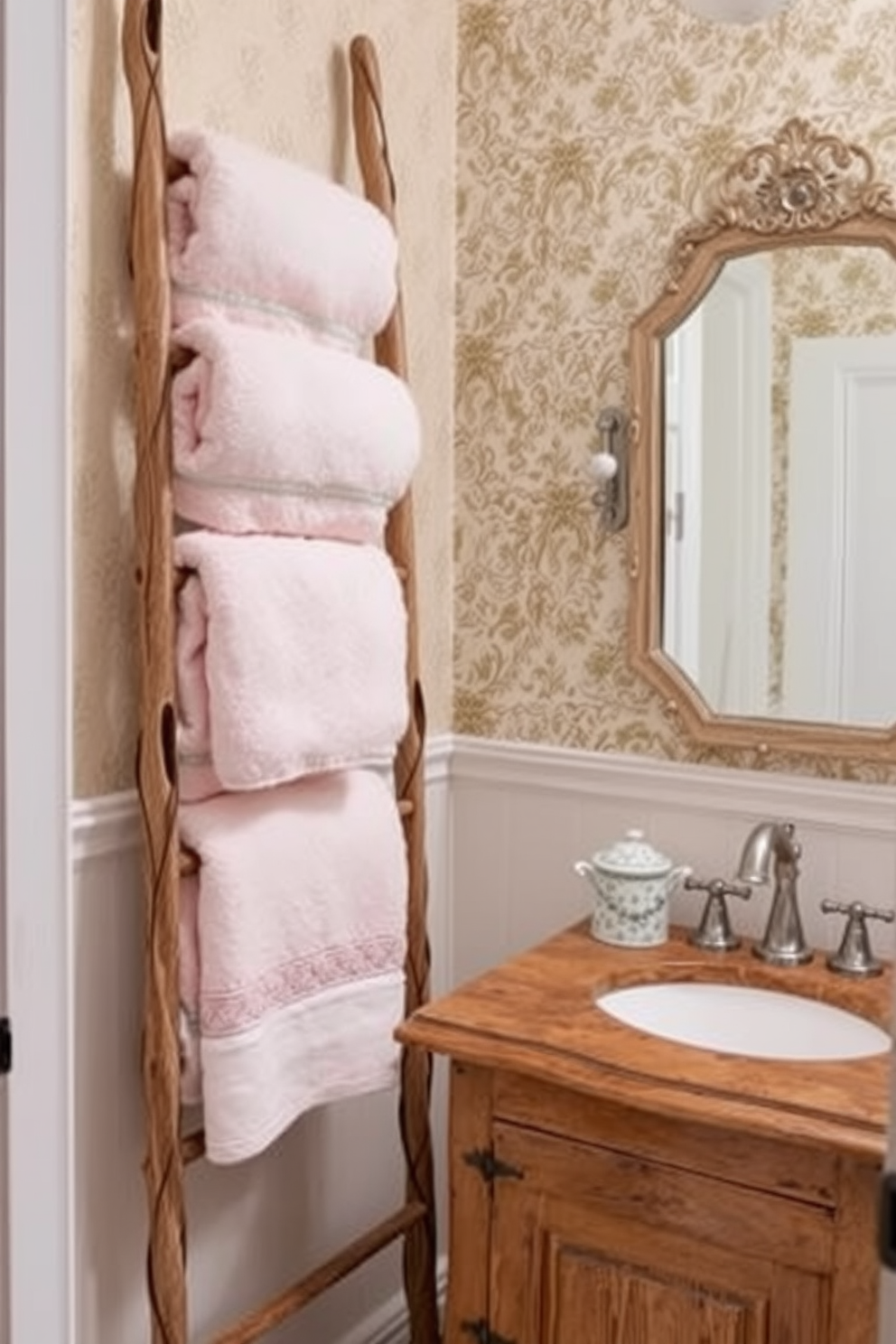 A decorative vintage ladder leans against the wall, elegantly displaying plush towels in soft pastel colors. The powder room features a charming wallpaper with intricate floral patterns, complemented by a rustic wooden vanity and an antique mirror.