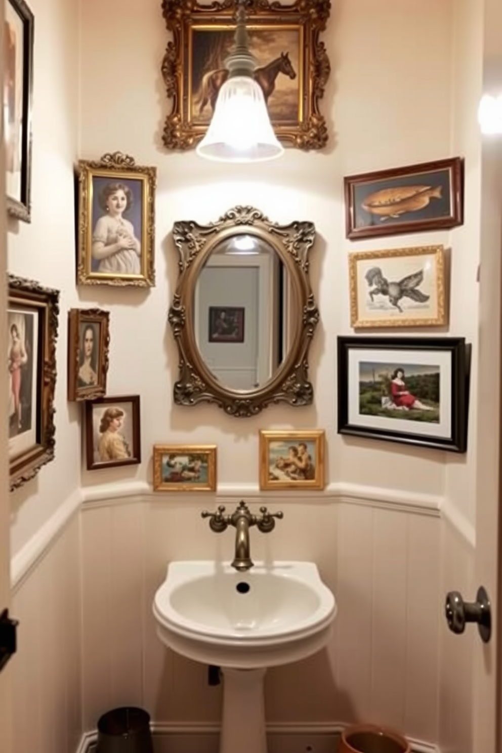 A vintage powder room adorned with elegant art prints in ornate frames. The walls are painted in a soft pastel hue, creating a serene backdrop for the eclectic collection of artwork. A charming pedestal sink with a polished brass faucet sits in the center of the room. A small antique mirror hangs above the sink, reflecting the warm glow of a vintage-style light fixture.