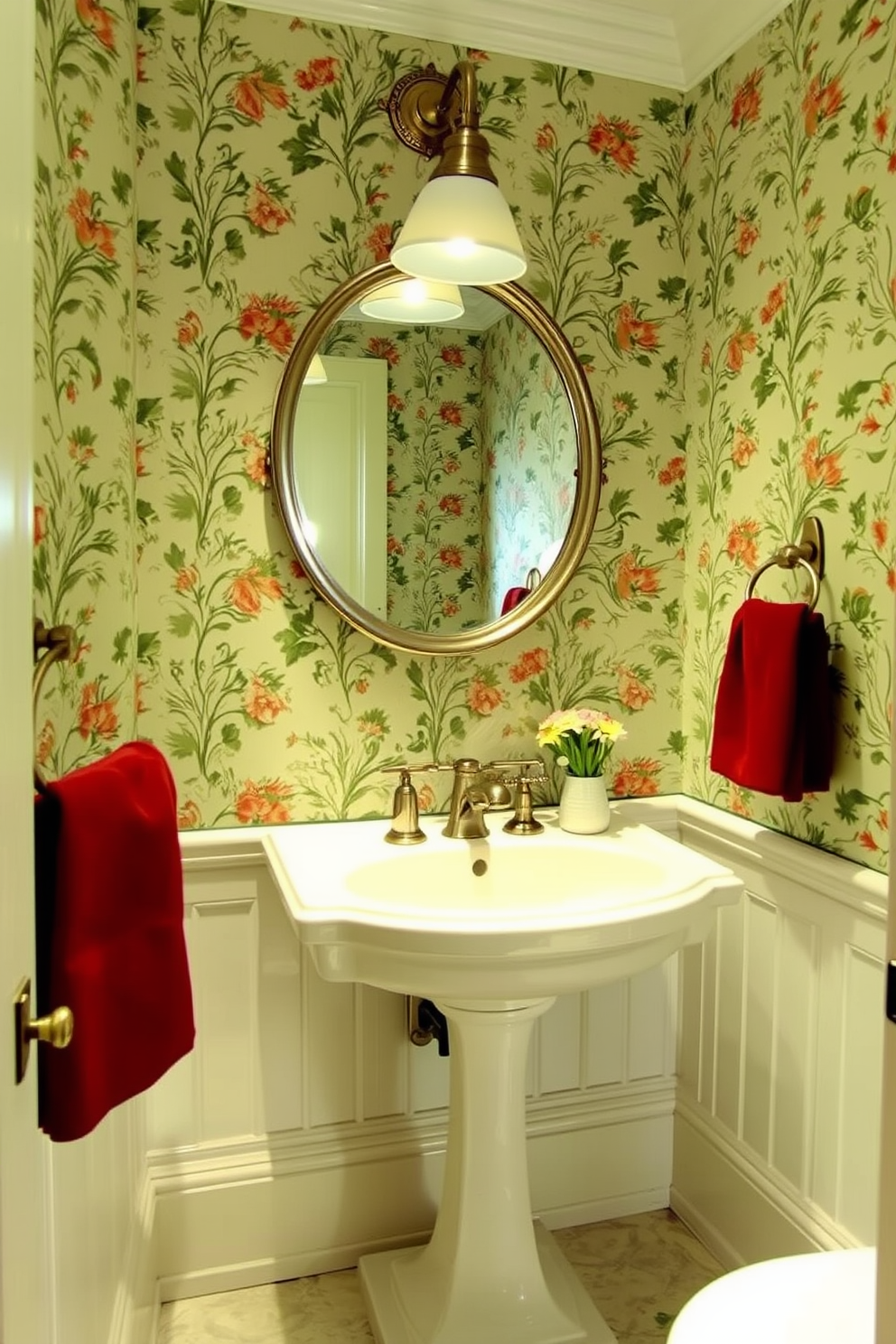 A quaint round mirror hangs above the sink in a vintage powder room. The walls are adorned with floral wallpaper, and the sink is complemented by a charming pedestal base.