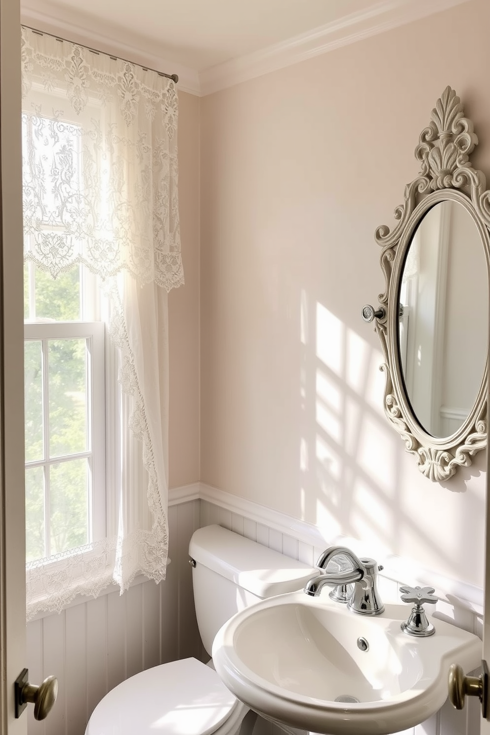 Charming lace curtains gently frame the window, allowing soft natural light to filter through. The delicate patterns of the lace add a touch of elegance and femininity to the vintage powder room. The powder room features a classic pedestal sink with a polished chrome faucet, complemented by a vintage-style mirror with ornate detailing. Antique fixtures and soft pastel colors create a warm and inviting atmosphere, perfect for a charming retreat.