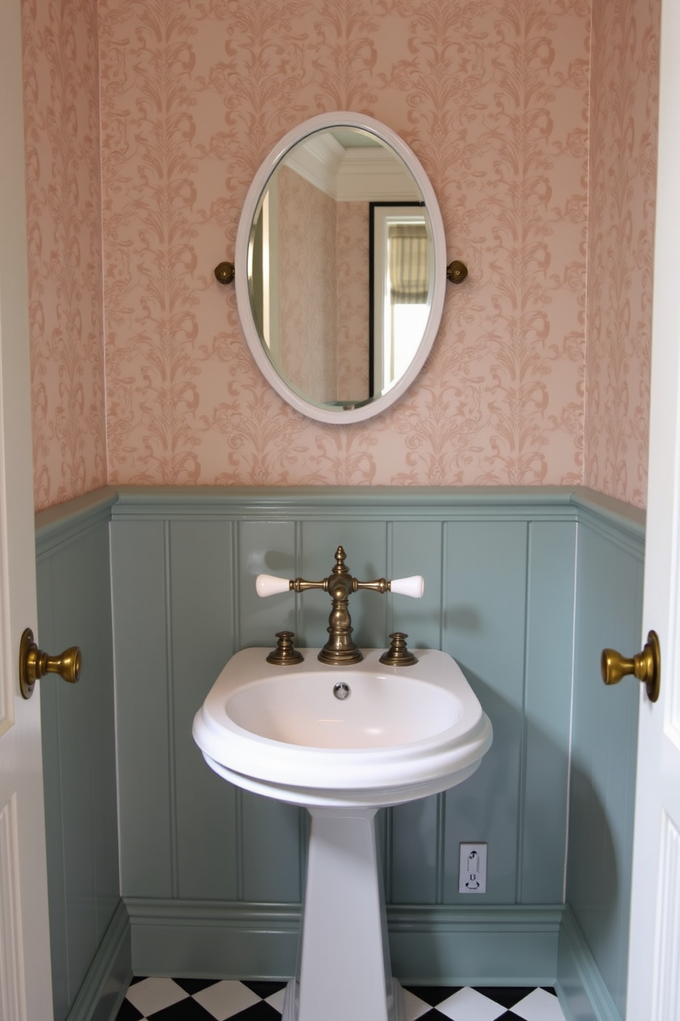 A vintage powder room featuring a charming vintage-style faucet with elegant porcelain handles. The walls are adorned with intricate wallpaper in soft pastel tones, and the floor is laid with classic black and white checkered tiles.