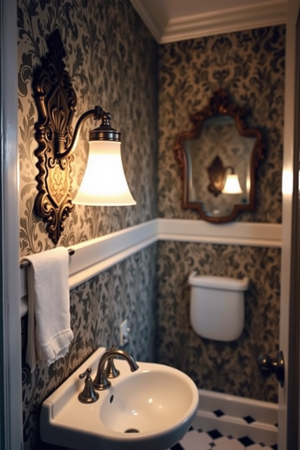 A vintage powder room featuring elegant decorative wall sconces that provide warm ambient lighting. The walls are adorned with intricate wallpaper and the floor is covered in classic black and white tiles.