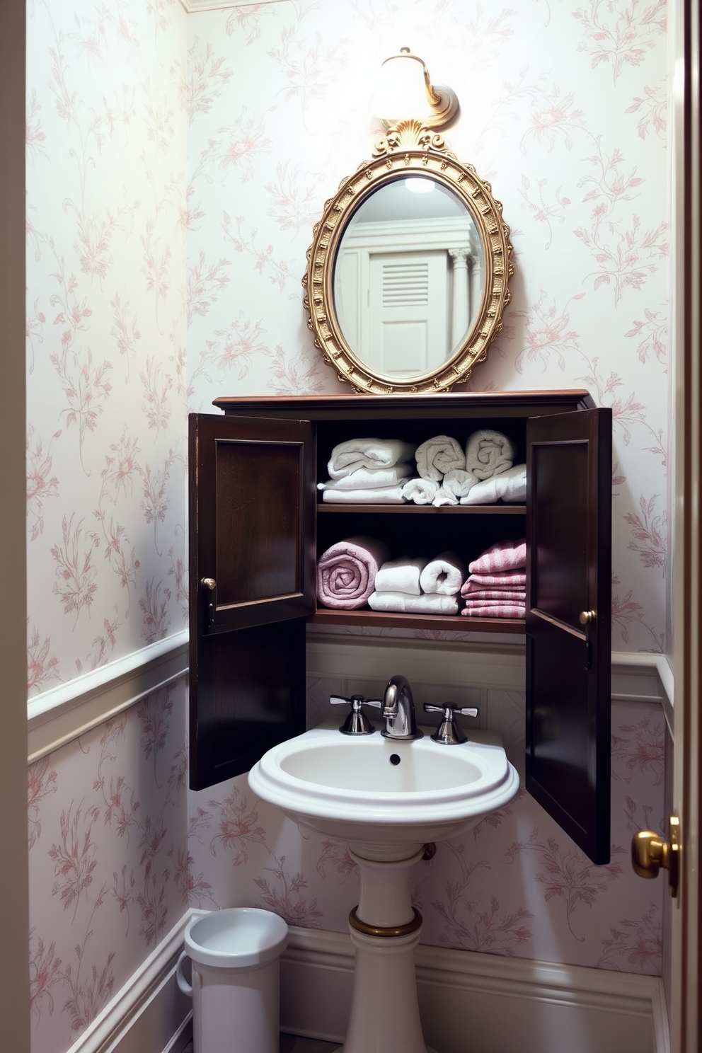 A charming vintage powder room featuring an antique storage cabinet filled with neatly folded extra towels. The walls are adorned with delicate floral wallpaper, and a small round mirror with an ornate frame hangs above a pedestal sink.