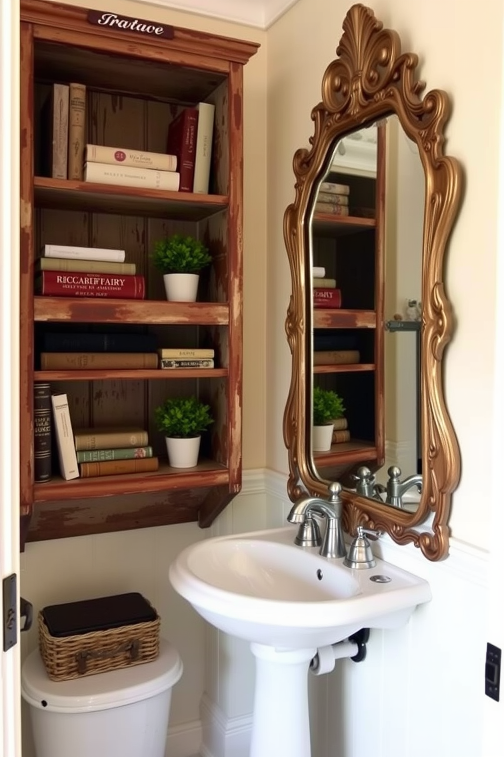 A charming vintage powder room featuring distressed wooden shelving adorned with decorative items such as antique books and small potted plants. The walls are painted in a soft pastel hue, complemented by a classic pedestal sink and a vintage mirror with an ornate frame.